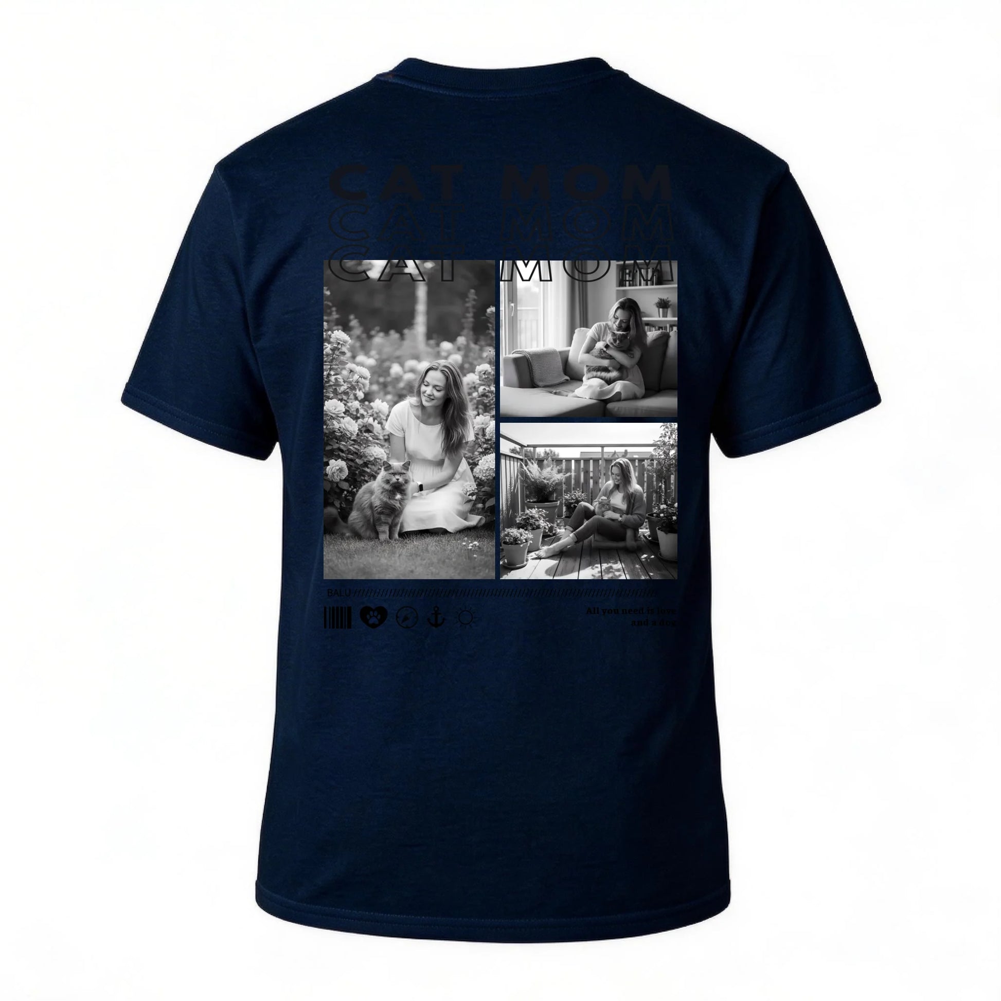 Personalisiertes T-Shirt "CAT MOM" mit individuellen Fotos auf der Rückseite für Katzenliebhaber.