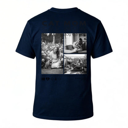 Personalisiertes T-Shirt "CAT MOM" mit individuellen Fotos auf der Rückseite für Katzenliebhaber.