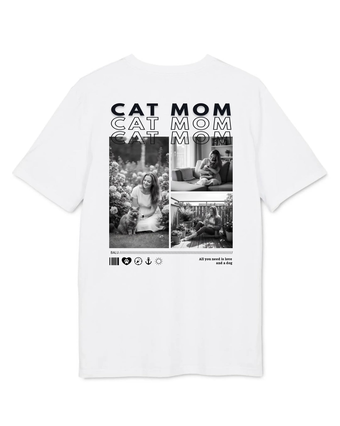 Personalisiertes T-Shirt "CAT MOM" mit individuellen Fotos und Schriftzug auf dem Rückenteil.