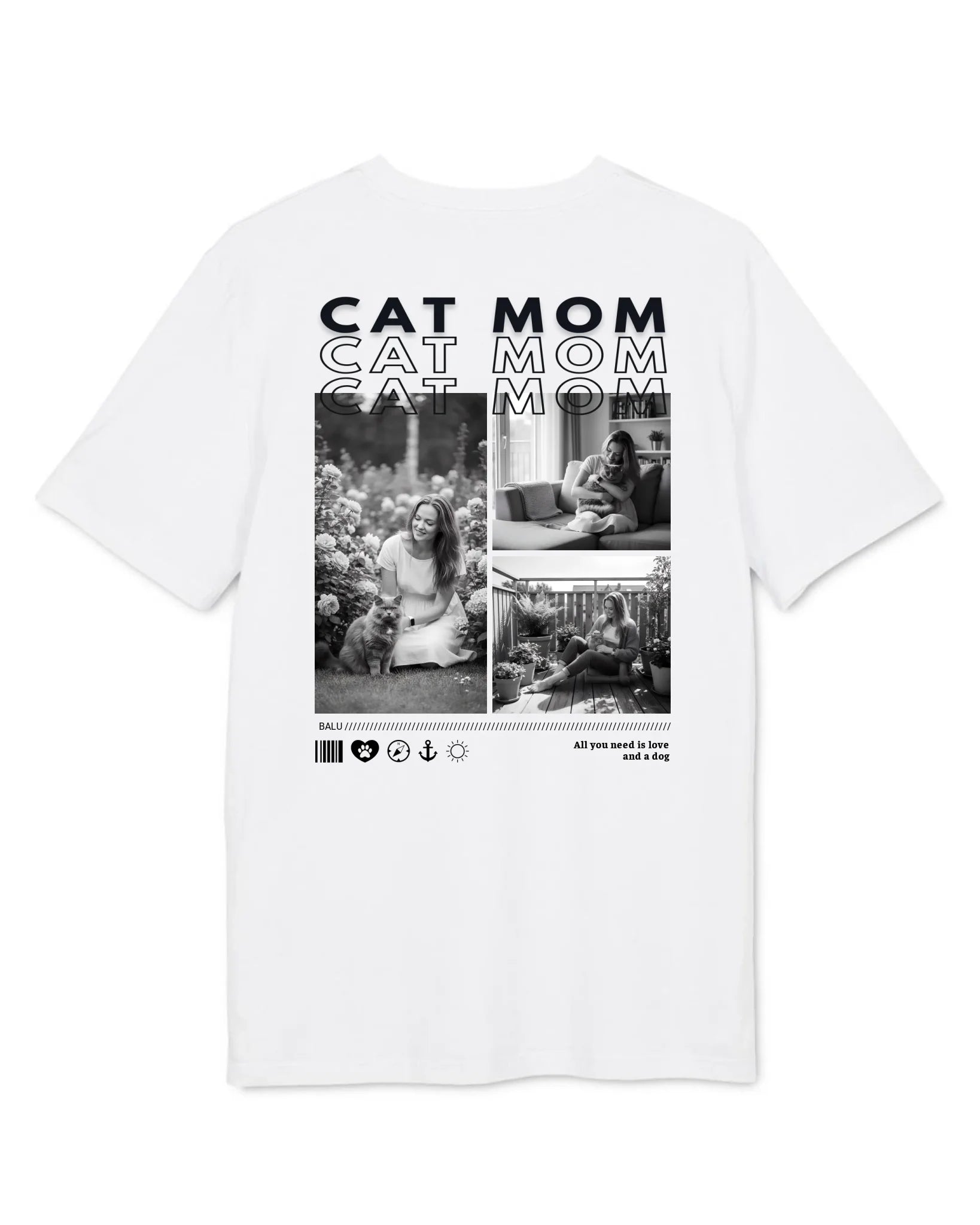 Personalisiertes T-Shirt "CAT MOM" mit individuellen Fotos und Schriftzug auf dem Rückenteil.