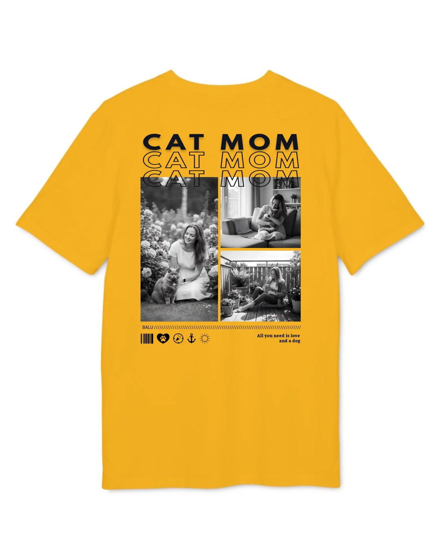 Personalisiertes T-Shirt "CAT MOM" mit Fotos und Text auf gelbem Hintergrund, perfekt für Cat Moms.