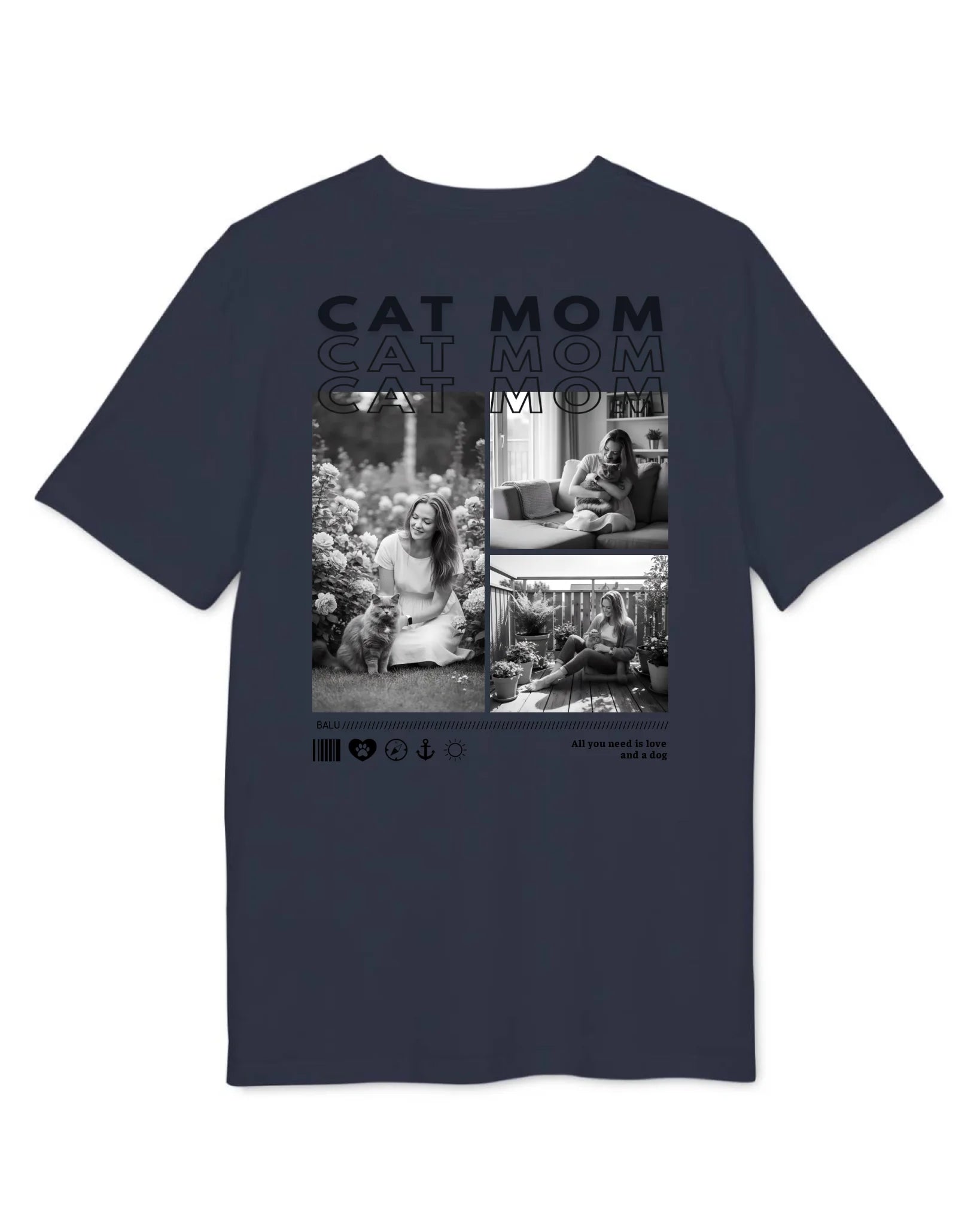Personalisiertes T-Shirt "CAT MOM" mit Fotos und Text auf dem Rücken