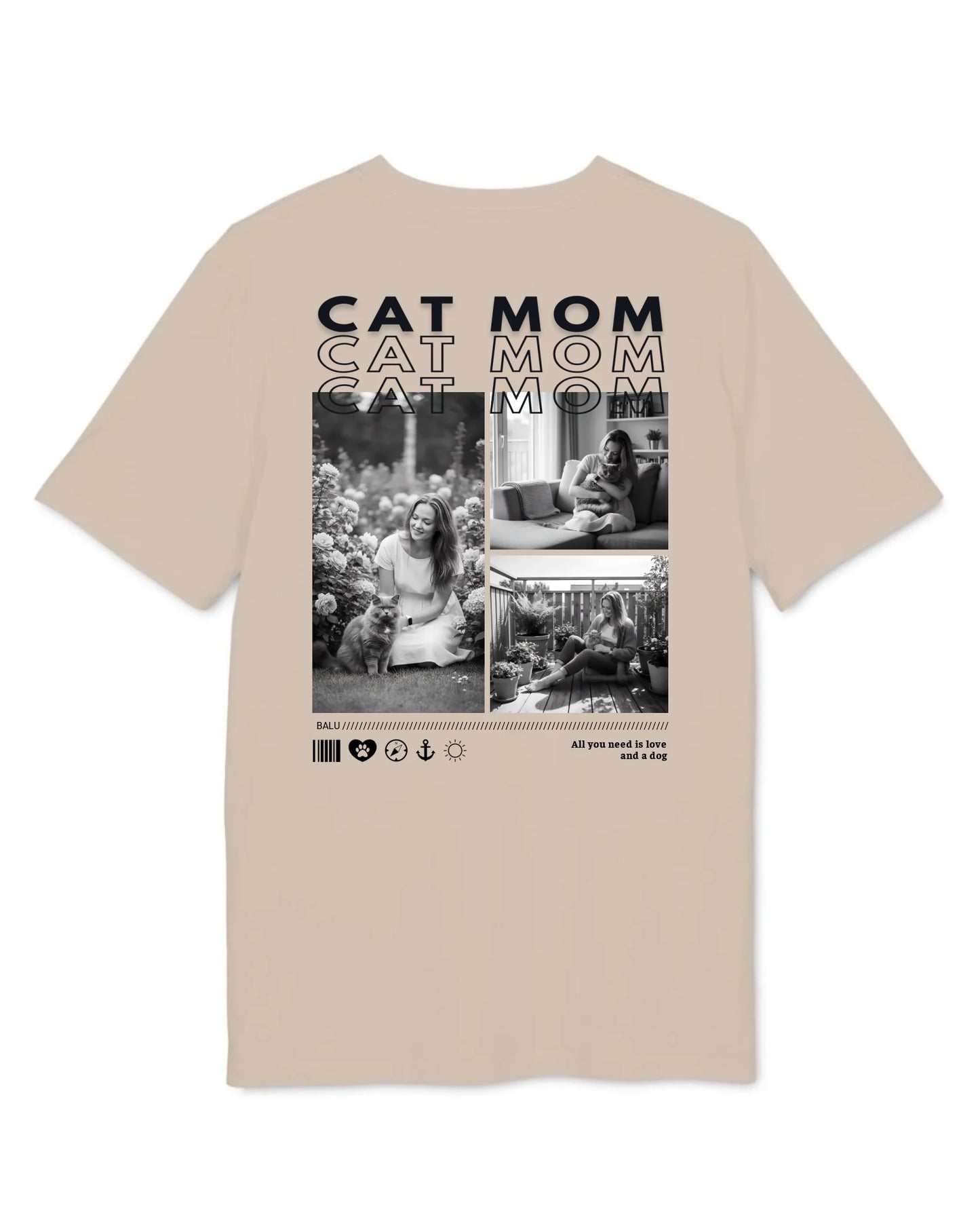 Personalisiertes T-Shirt "CAT MOM" mit Rückendruck und persönlichen Fotos in beige Farbe.
