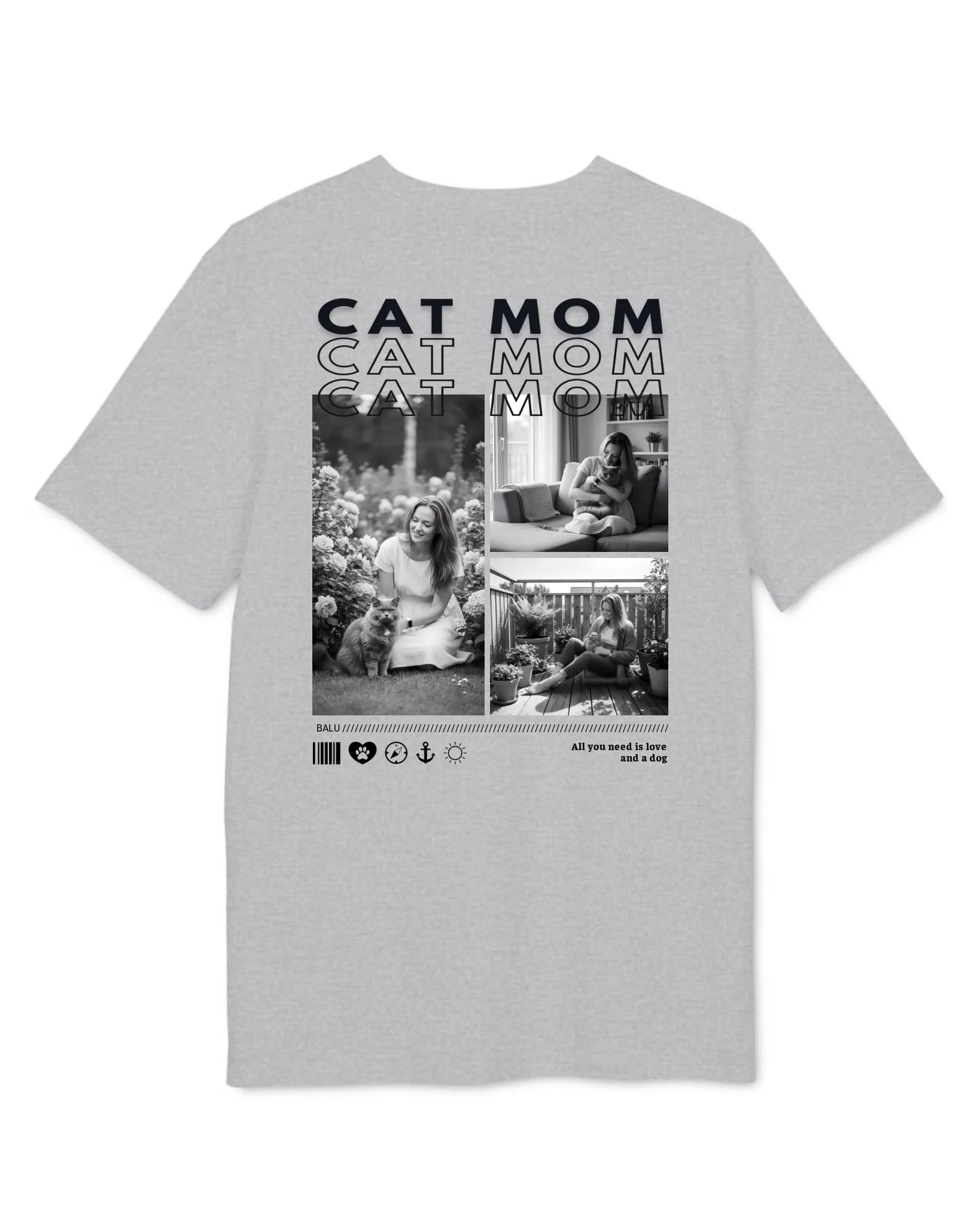 Personalisiertes T-Shirt "CAT MOM" mit Fotos und Text auf der Rückseite.