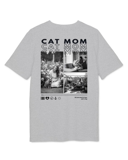 Personalisiertes T-Shirt "CAT MOM" mit Fotos und Text auf der Rückseite.