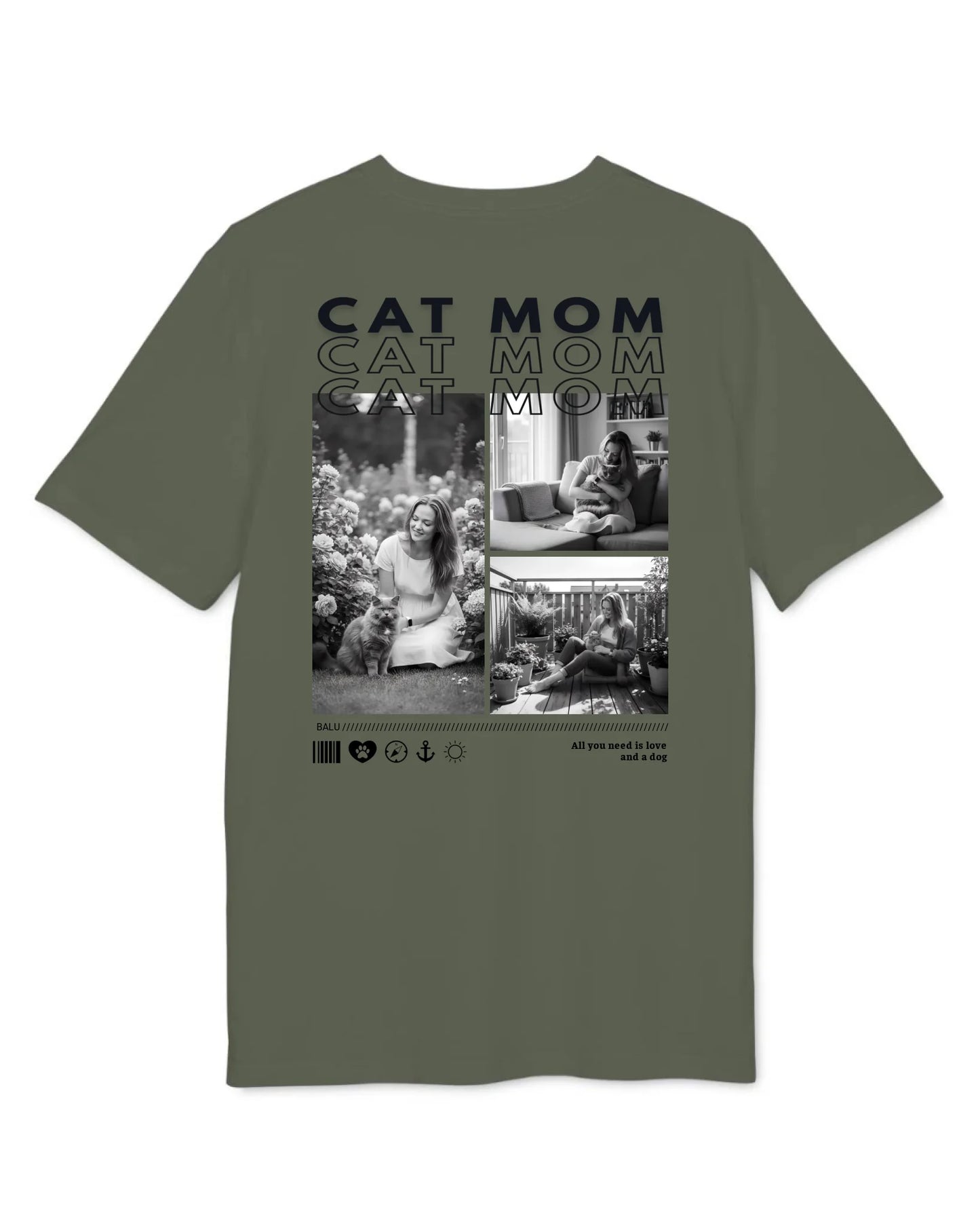 Personalisiertes T-Shirt "CAT MOM" mit Fotos und Text auf der Rückseite in Olivgrün, ideal für Geschenke.