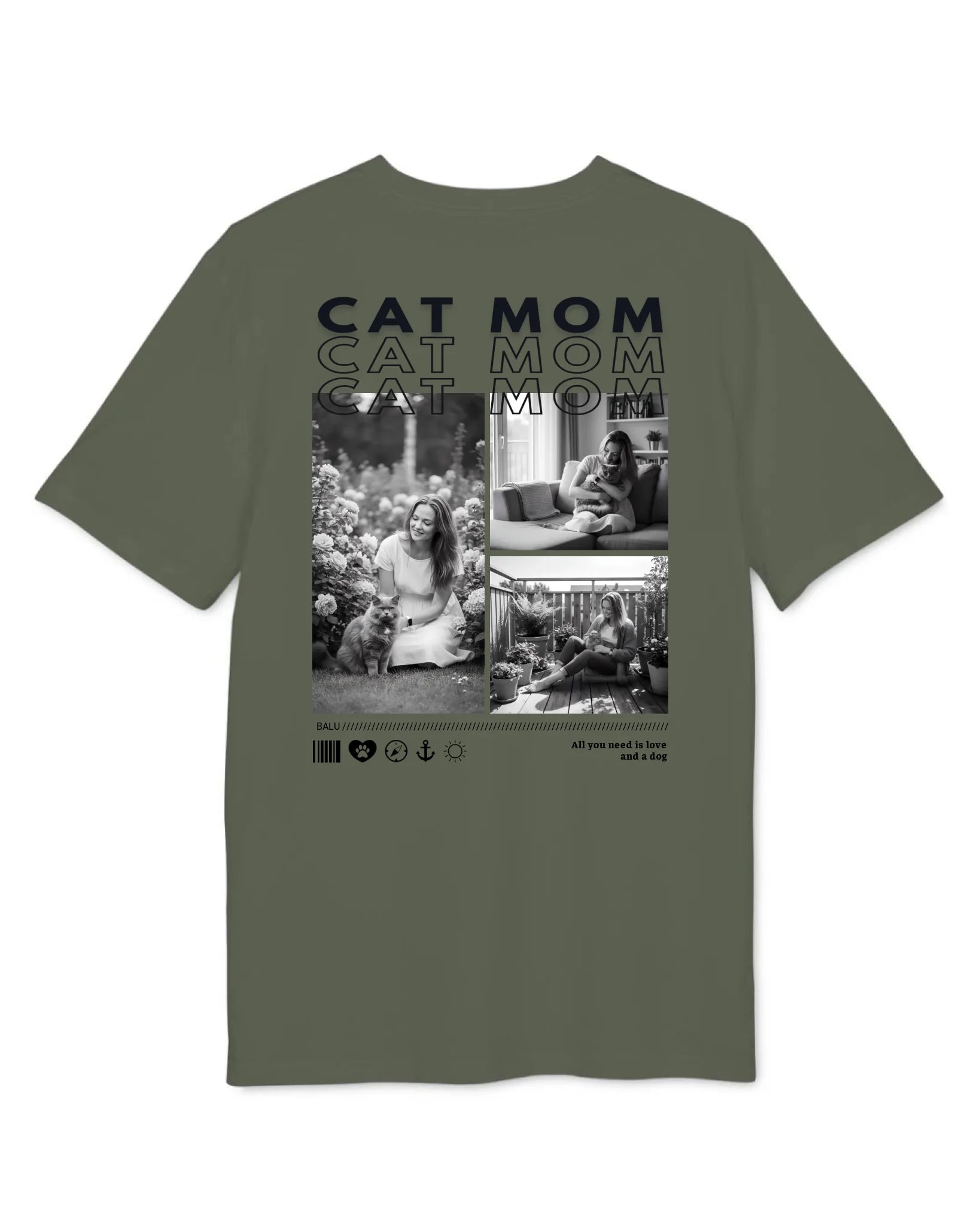 Personalisiertes T-Shirt "CAT MOM" mit Fotos und Text auf der Rückseite in Olivgrün, ideal für Geschenke.