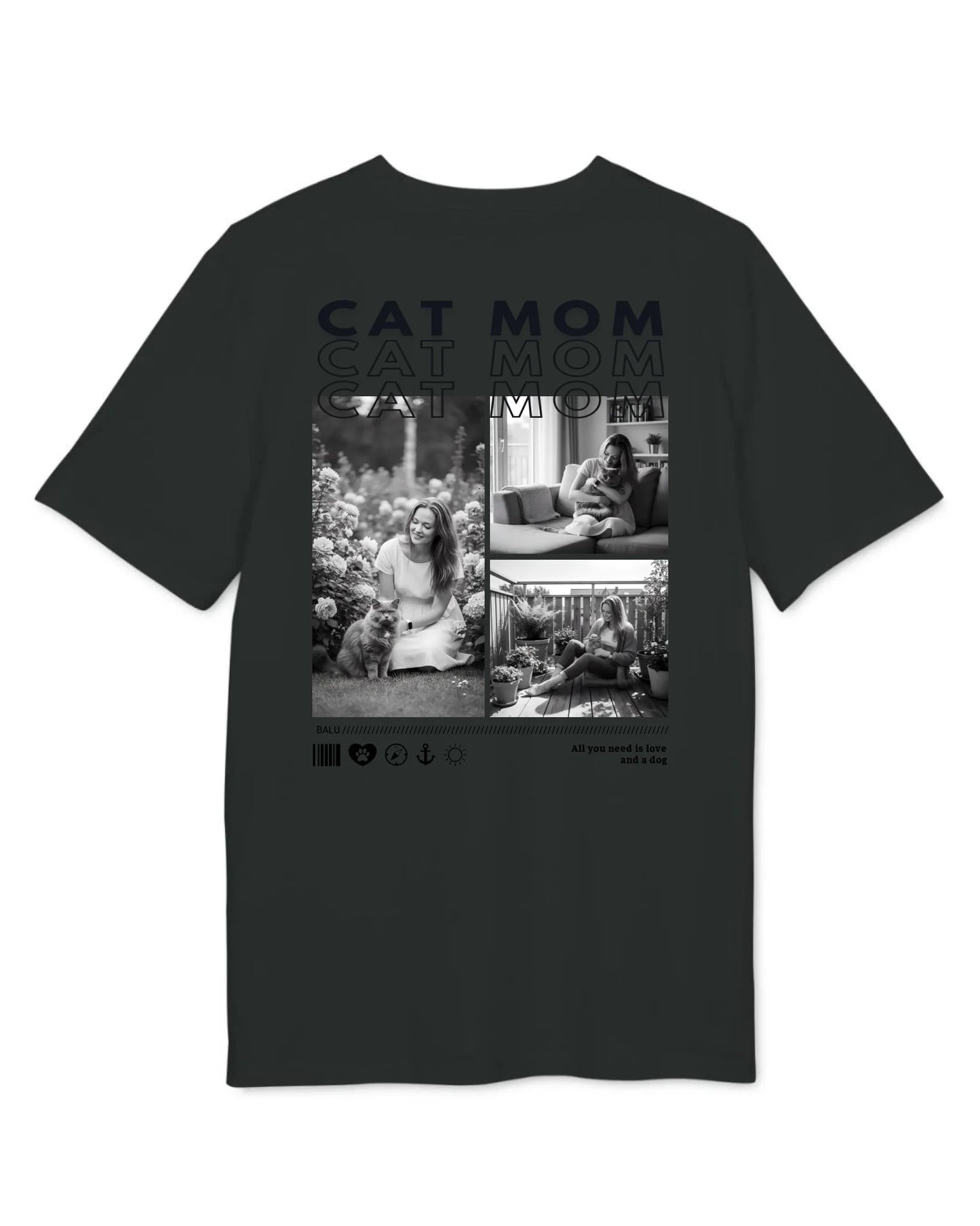 Personalisiertes T-Shirt "CAT MOM" mit Fotos und Text auf schwarzem Hintergrund.