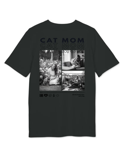 Personalisiertes T-Shirt "CAT MOM" mit Fotos und Text auf schwarzem Hintergrund.