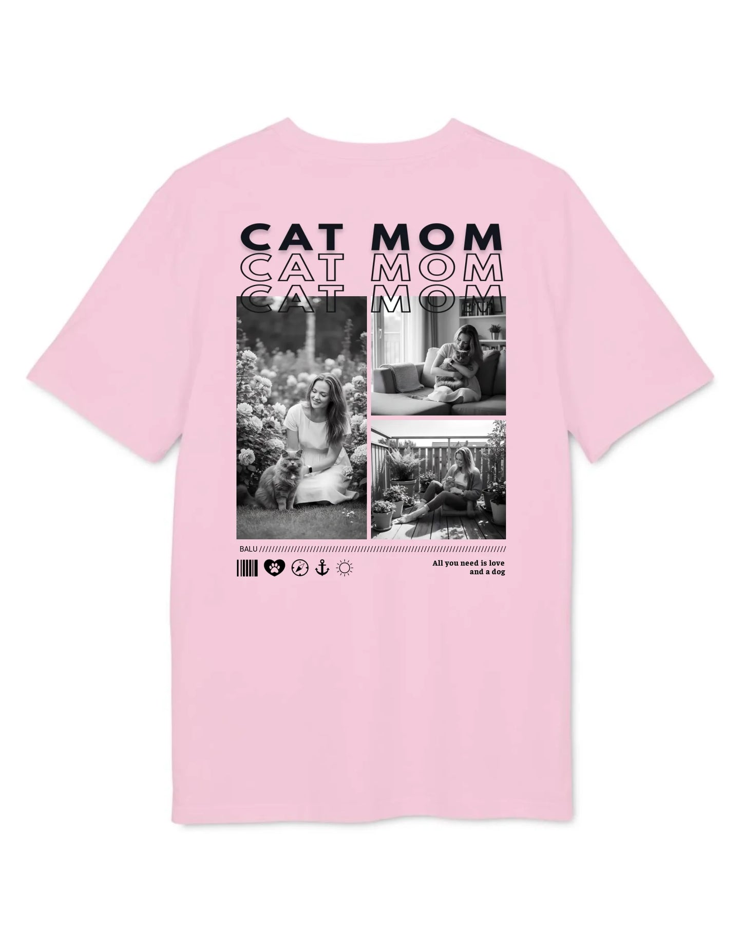 Personalisiertes T-Shirt "CAT MOM" mit emotionalen Fotos auf der Rückseite, in Pink, für Katzenliebhaber.