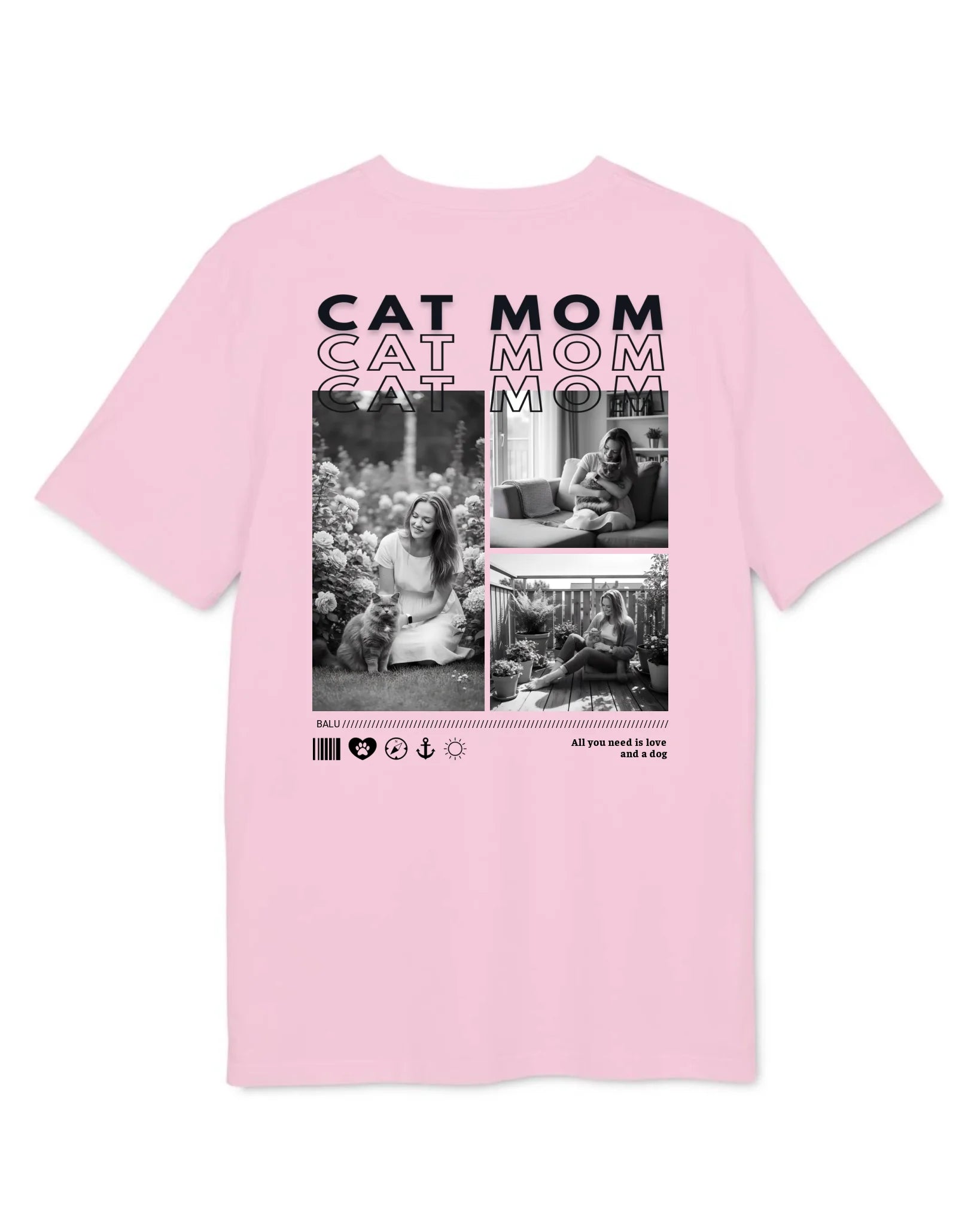 Personalisiertes T-Shirt "CAT MOM" mit emotionalen Fotos auf der Rückseite, in Pink, für Katzenliebhaber.