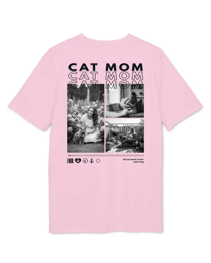 Personalisiertes T-Shirt "CAT MOM" mit emotionalen Fotos auf der Rückseite, in Pink, für Katzenliebhaber.