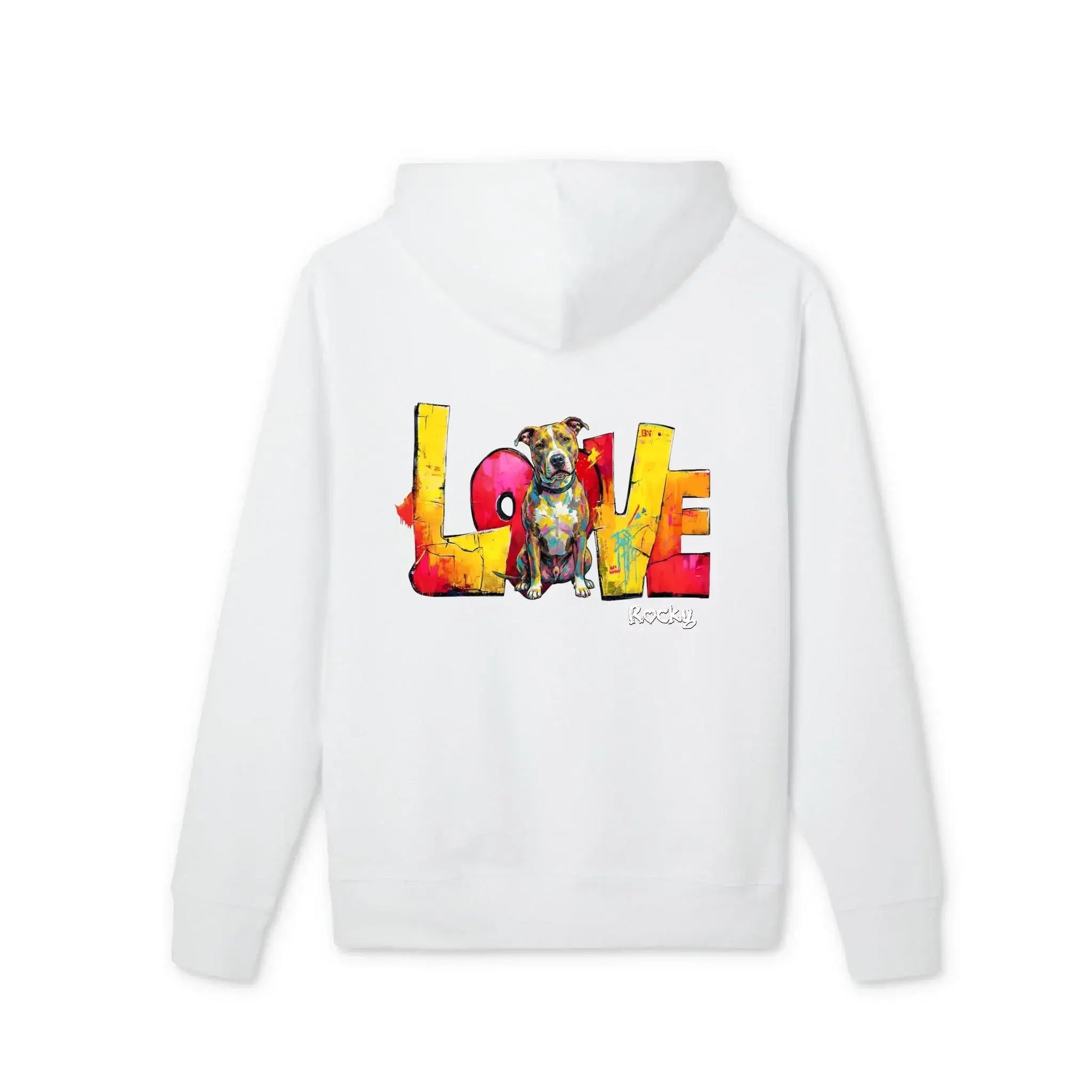 Personalisierter Hoodie - "LOVE" Backprint in Weiß mit buntem Hunde-Motiv, perfekt für kühle Tage.
