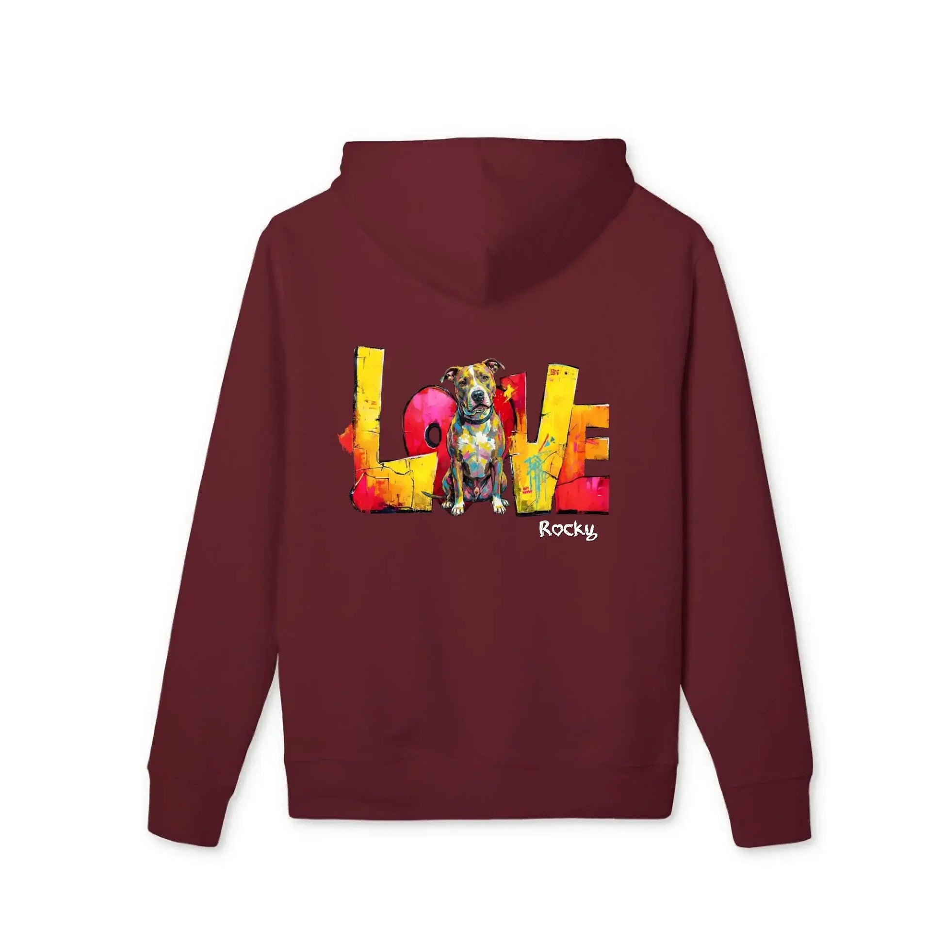 Personalisierter Hoodie - "LOVE" Backprint mit Hund und bunten Farben, ideal für Hundebesitzer.