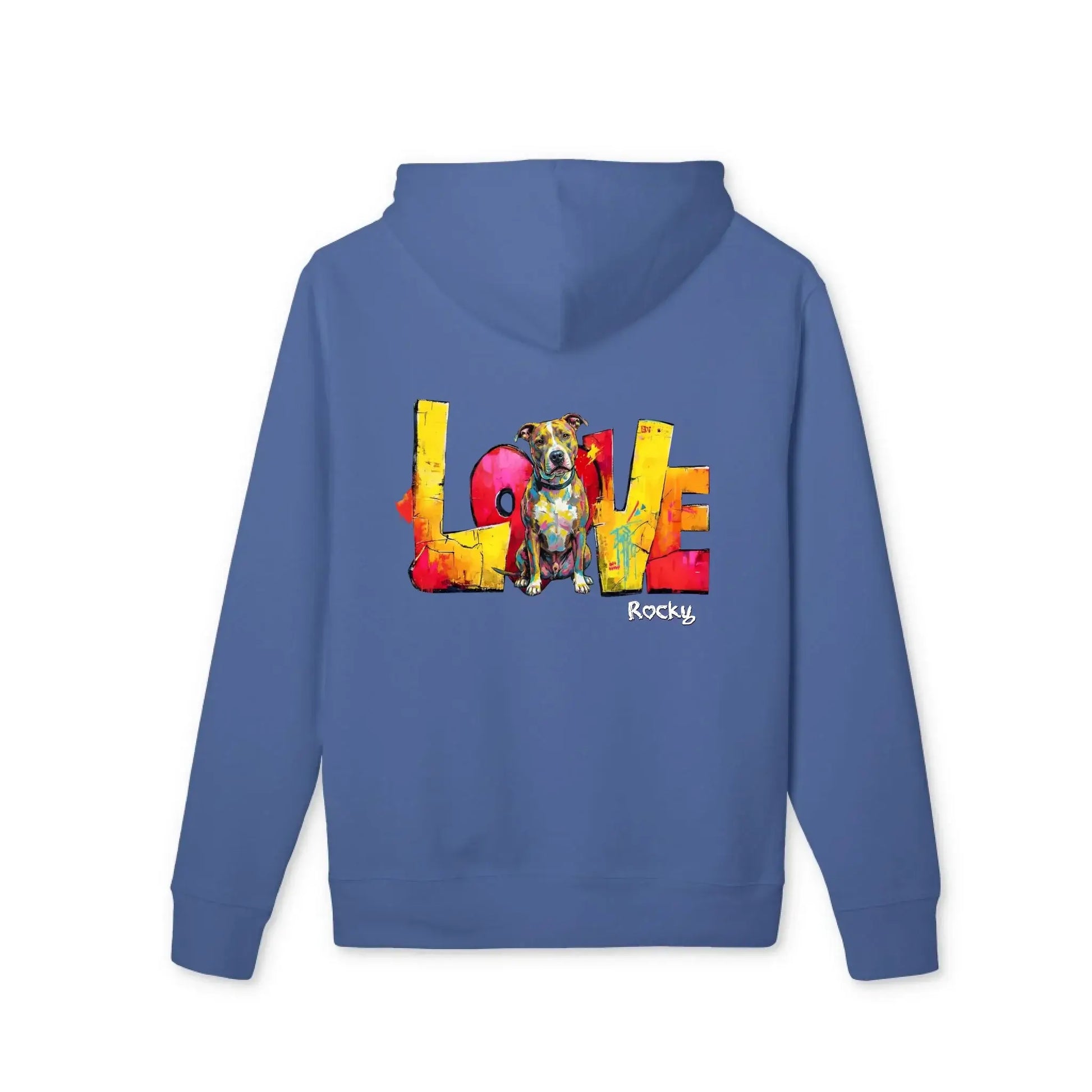 Personalisierter Hoodie - "LOVE" Backprint in blau mit Hundebild für Hundebesitzer und Tierliebhaber.