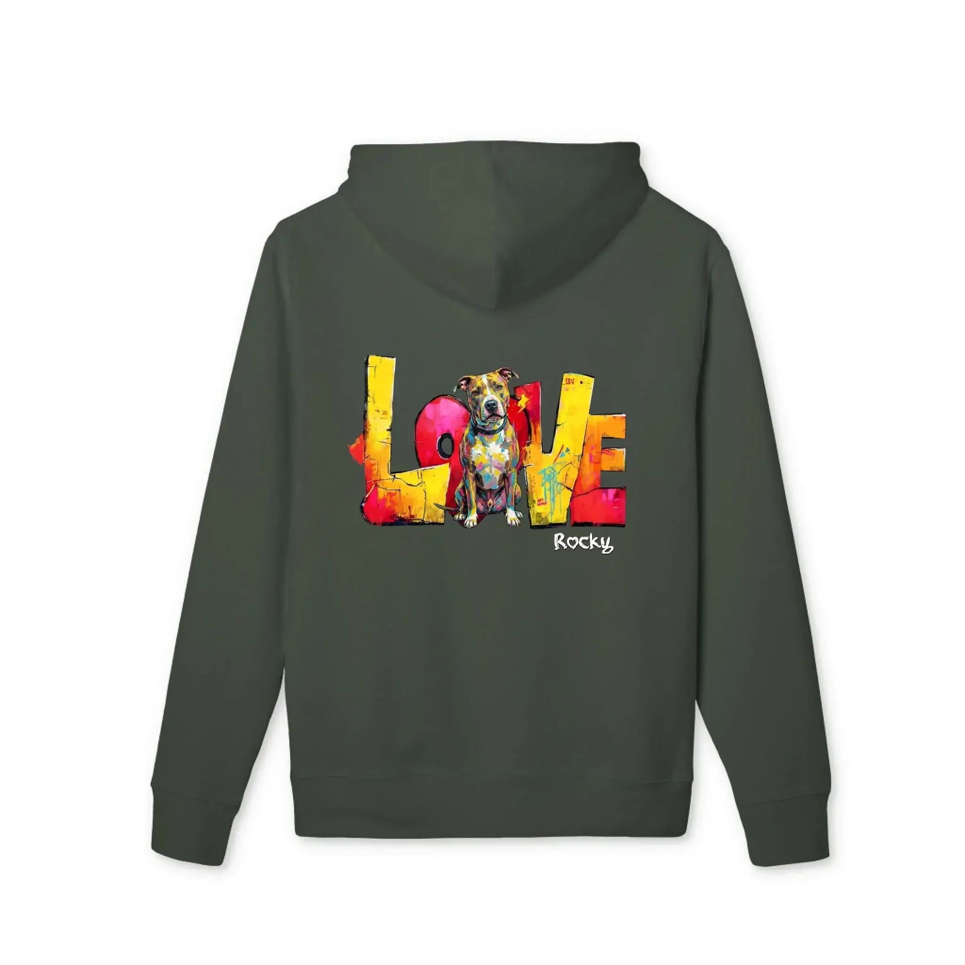 Personalisierter Hoodie - "LOVE" Backprint mit buntem Hundemotiv, ideal für Hundebesitzer.