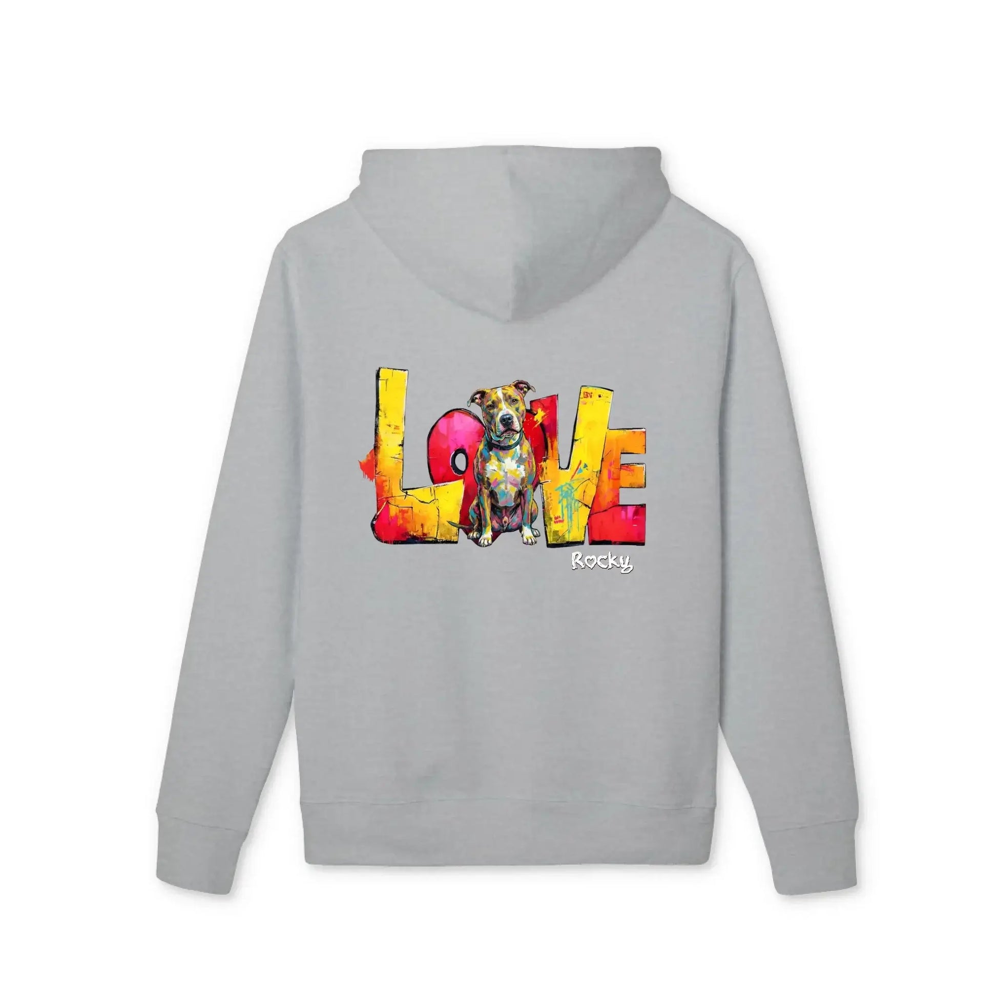 Personalisierter Hoodie - "LOVE" Backprint mit buntem Hundedesign für jeden Tag.