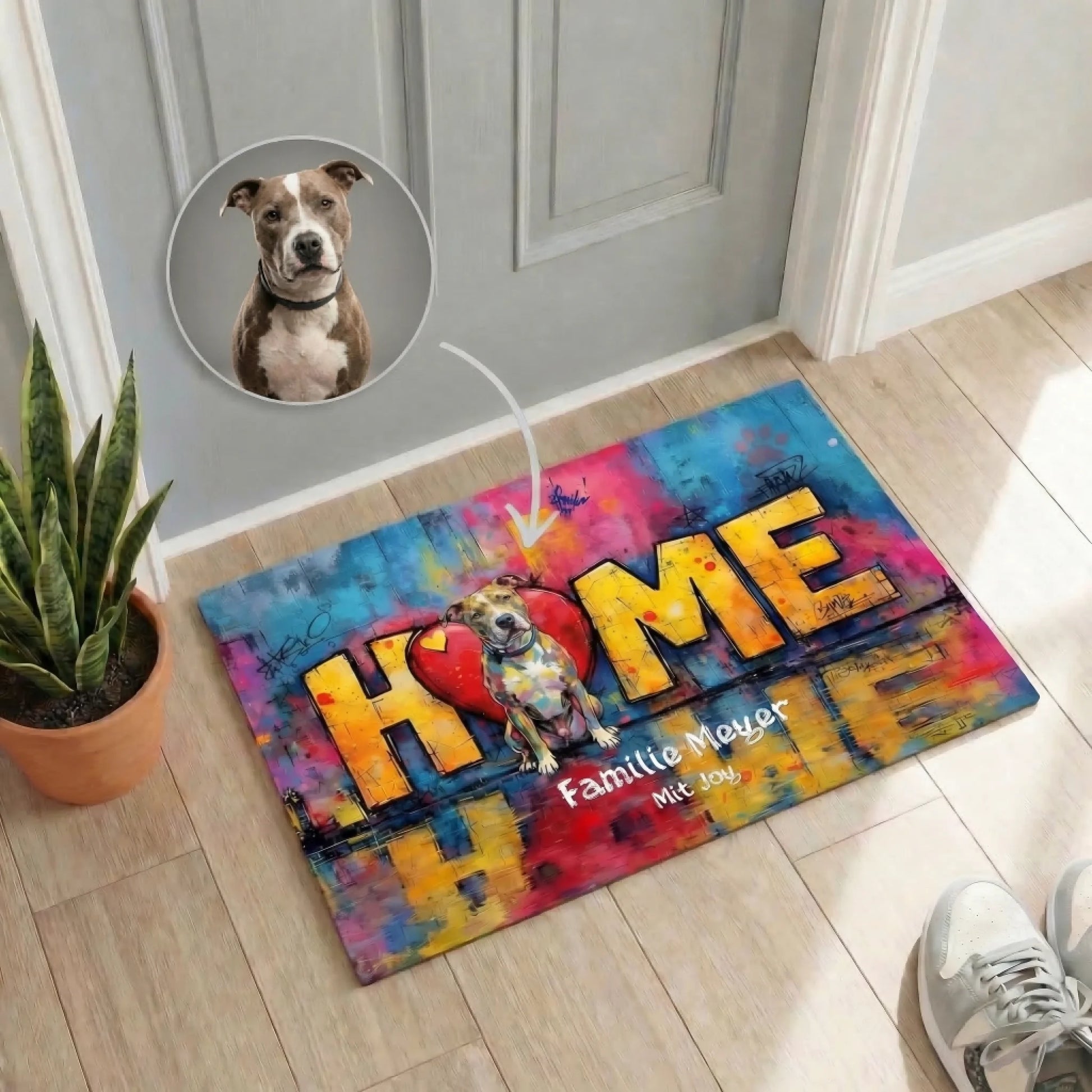 Personalisierte Fußmatte "Love - Home" mit Hundename und Foto für Hundebesitzer in buntem Design.