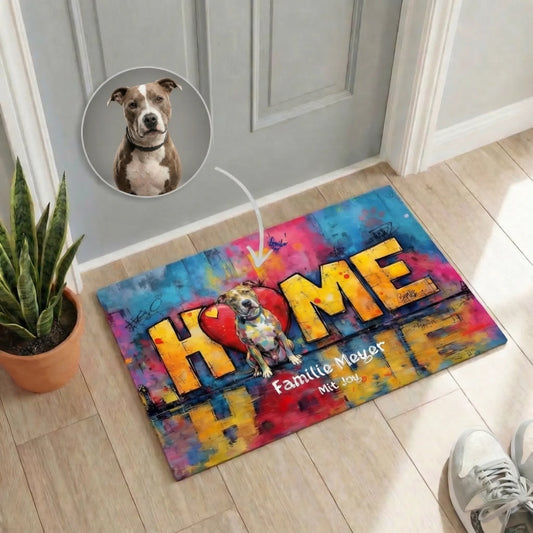Personalisierte Fußmatte "Love - Home" mit Hundename und Foto für Hundebesitzer in buntem Design.