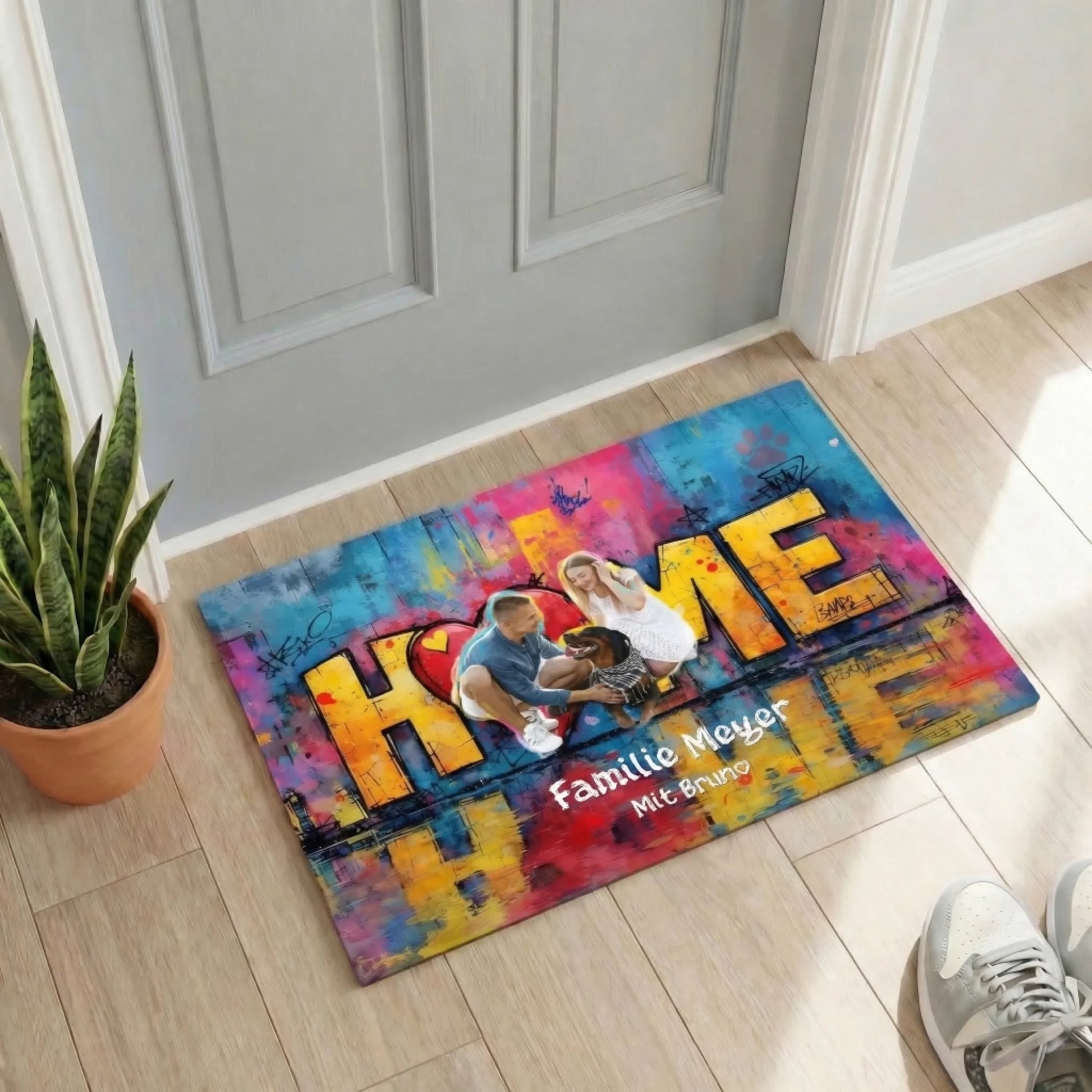 Personalisierte Fußmatte "Love - Home" mit Hundename und Foto für Hundebesitzer Geschenk.