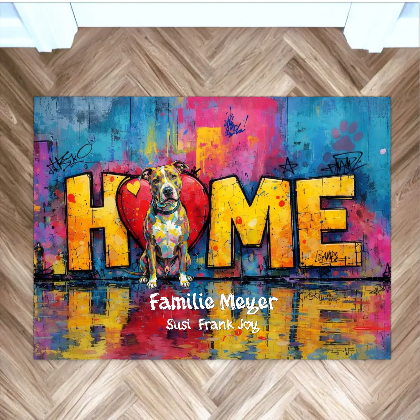 Personalisierte Fußmatte "Love - Home" mit Hundename und Foto, perfektes Geschenk für Hundebesitzer.