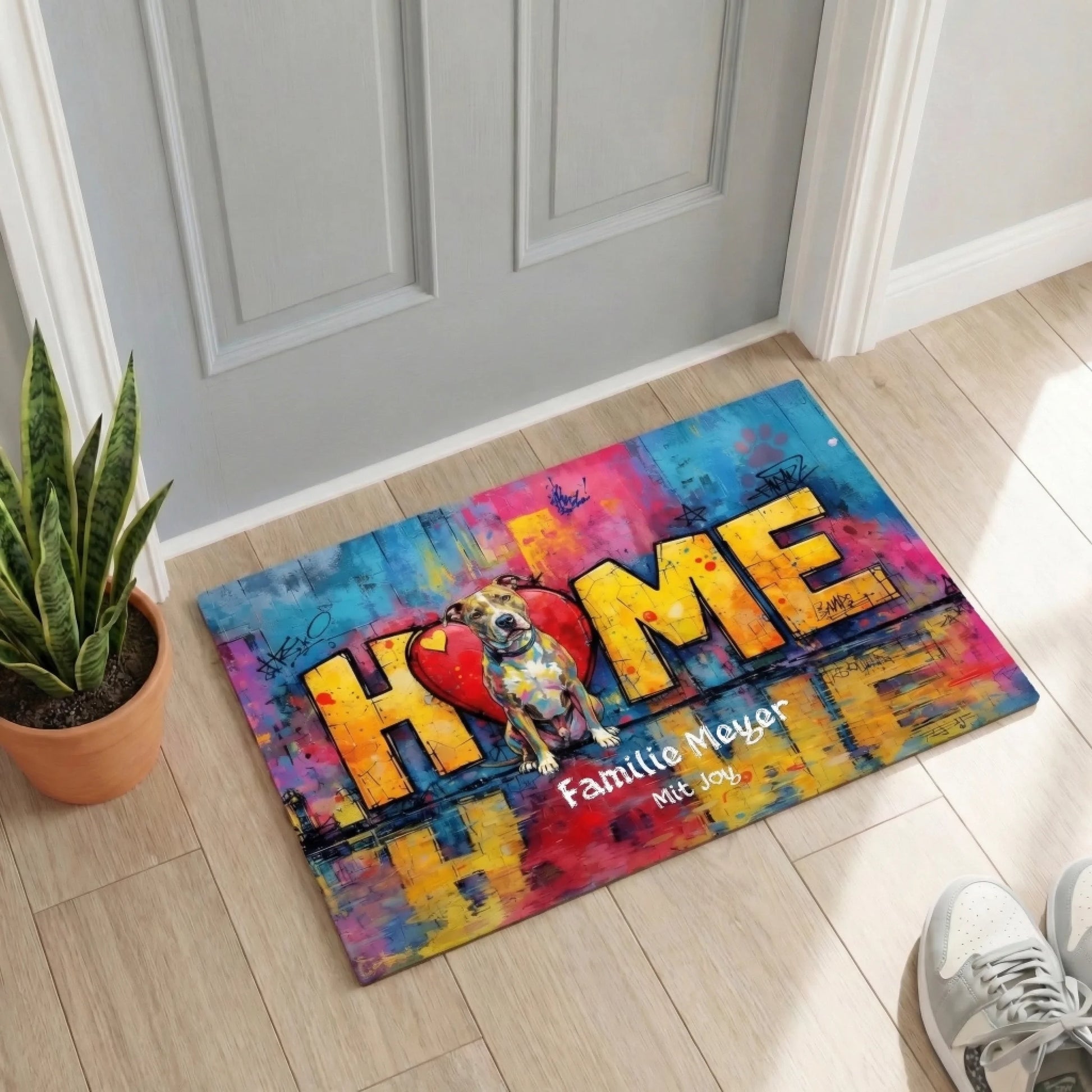 Personalisierte Fußmatte "Love - Home" mit buntem Design und Hund für Haustüren