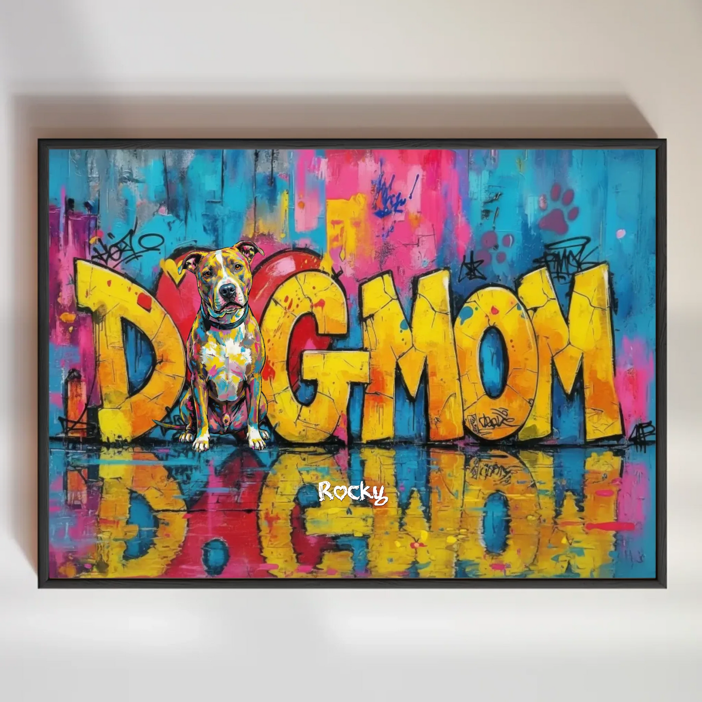 Affiche personnalisée DogMom en style pop art avec photo de chien et prénom