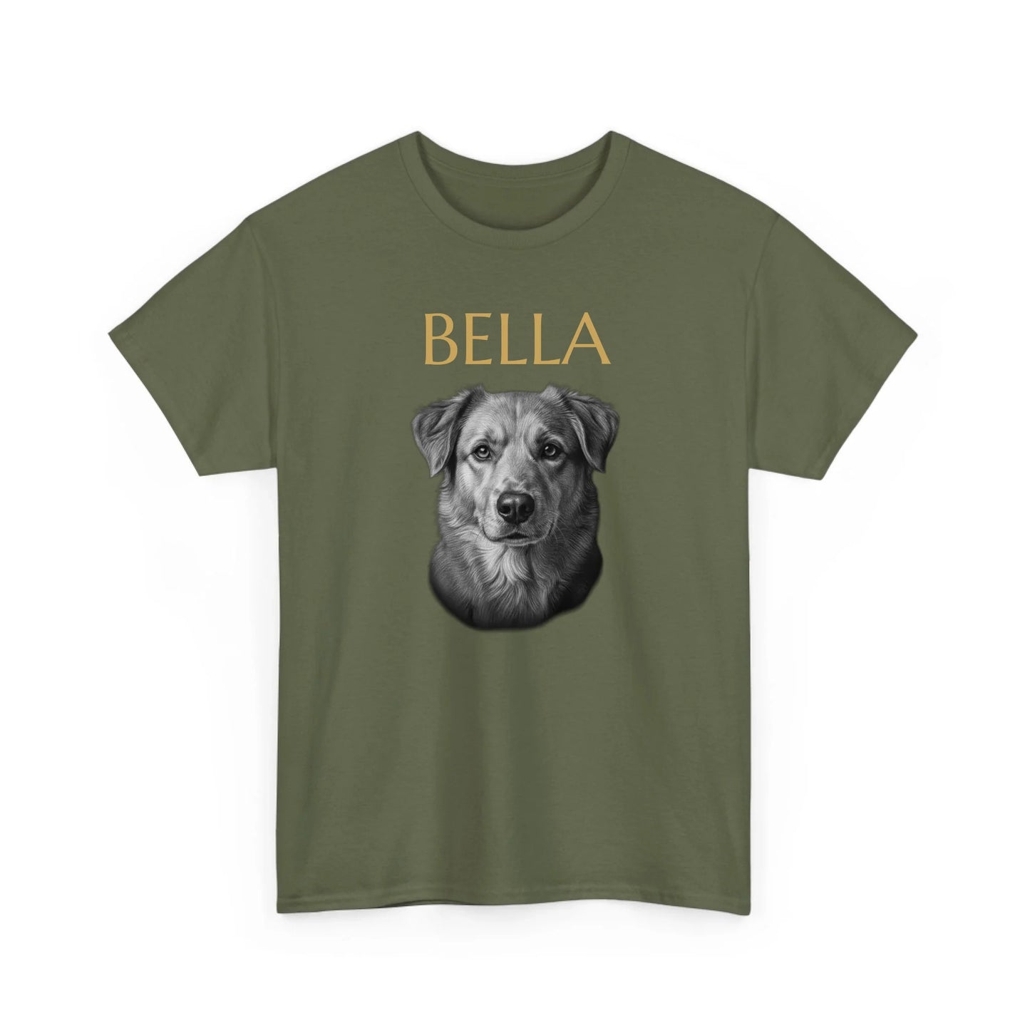 Personalisiertes T-Shirt Seelenblick mit Haustierporträt und Name – Oliv-/Militärgrün