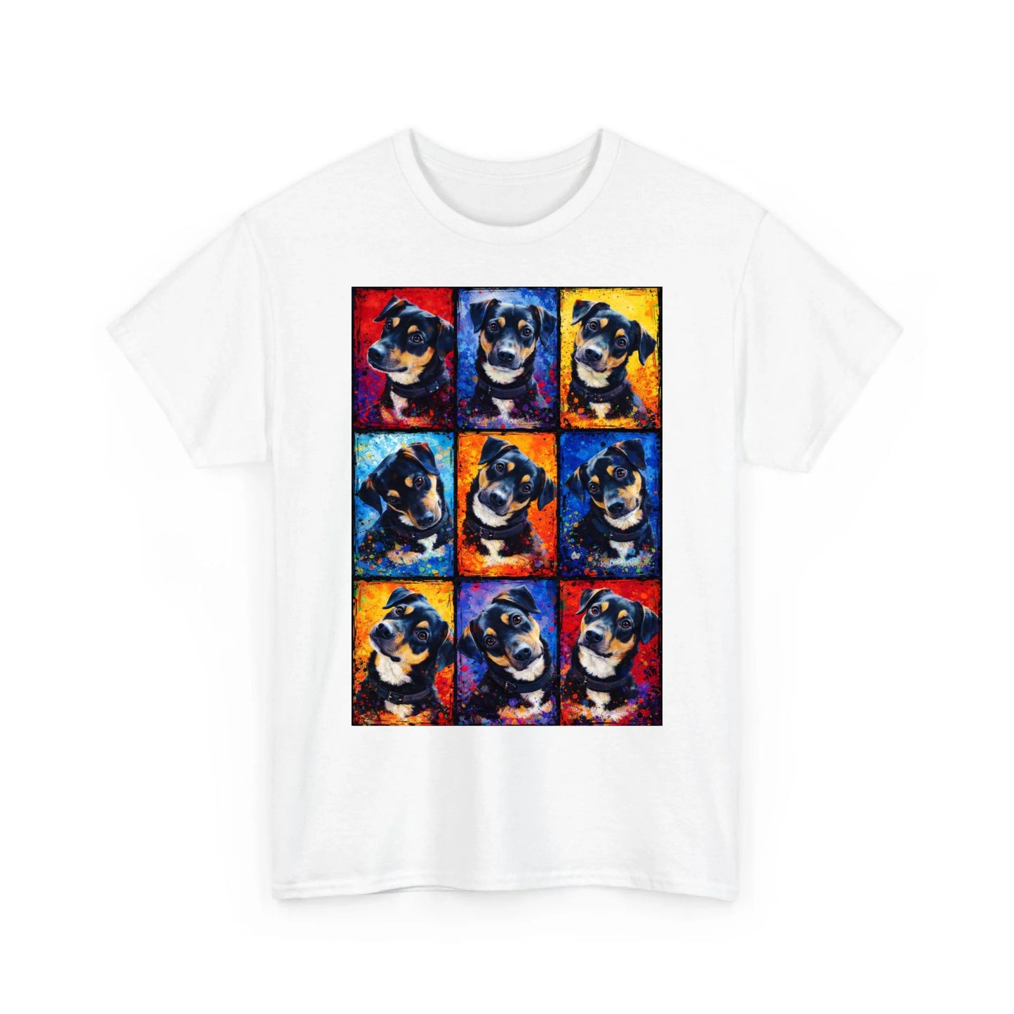 Buntes Splash-Tierportrait aus Farbspritzern auf weichem T-Shirt