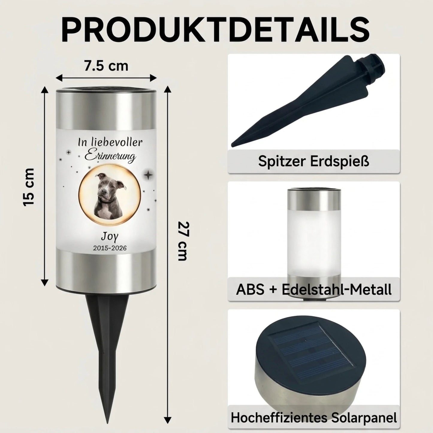 Produktdetails der Grableuchte: Erdspieß, Edelstahl und Solarpanel, 27 cm
