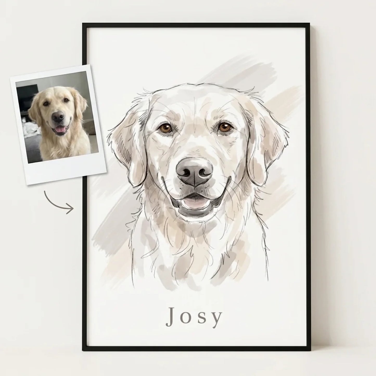 Personalisiertes Tierportrait im Aquarell-Stil als gerahmtes Poster, daneben das hochgeladene Foto des Golden Retrievers