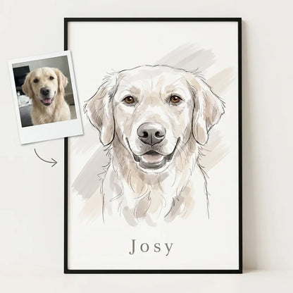 Personalisiertes Tierportrait im Aquarell-Stil als gerahmtes Poster, daneben das hochgeladene Foto des Golden Retrievers