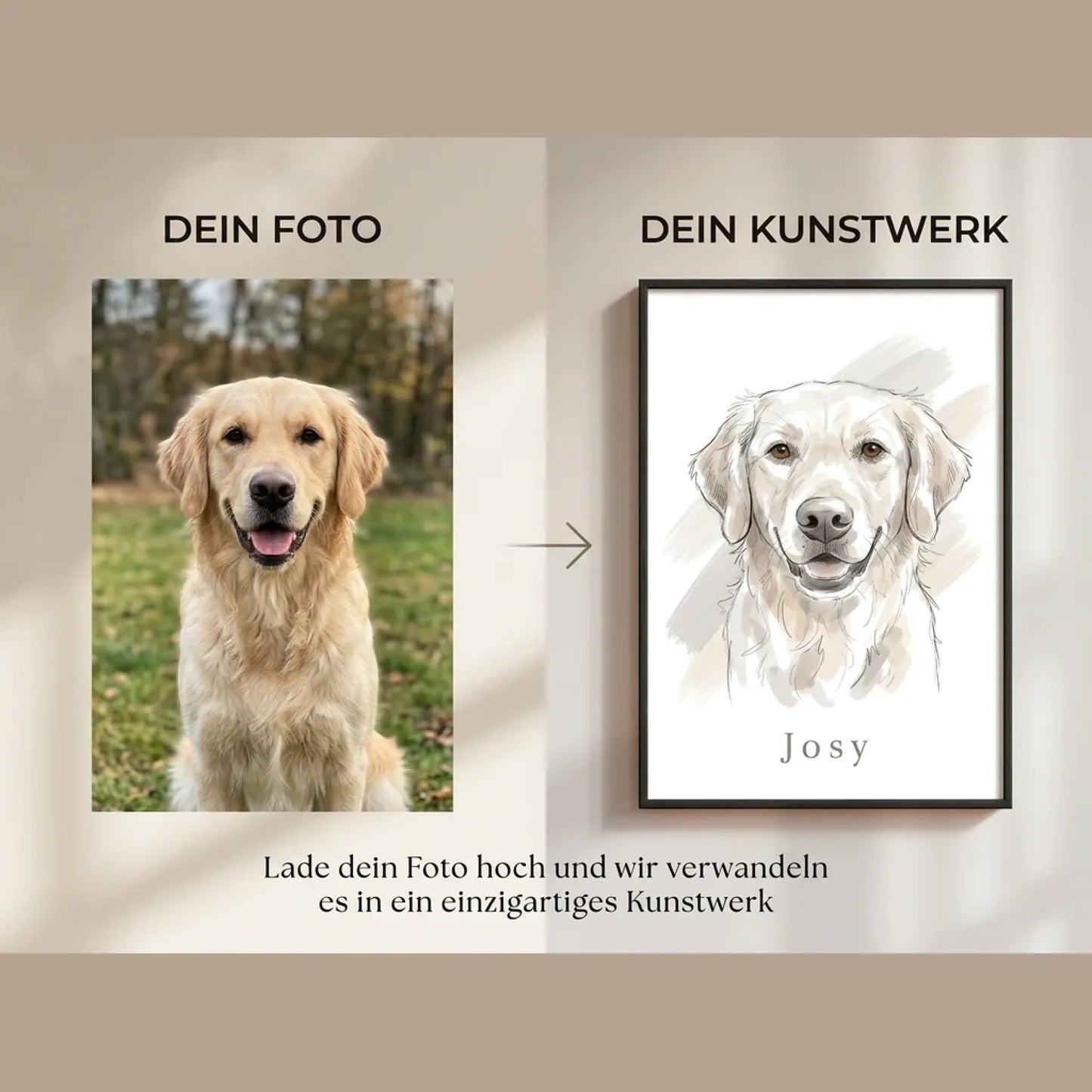 Vorher und nachher: aus dem Foto eines Golden Retrievers wird ein Tierportrait im Aquarell-Stil