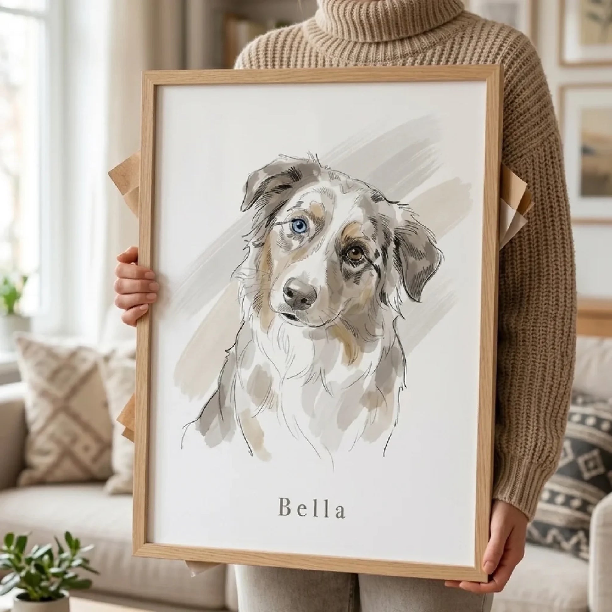 Person hält ein großes gerahmtes Tierportrait mit Australian Shepherd im Wohnzimmer