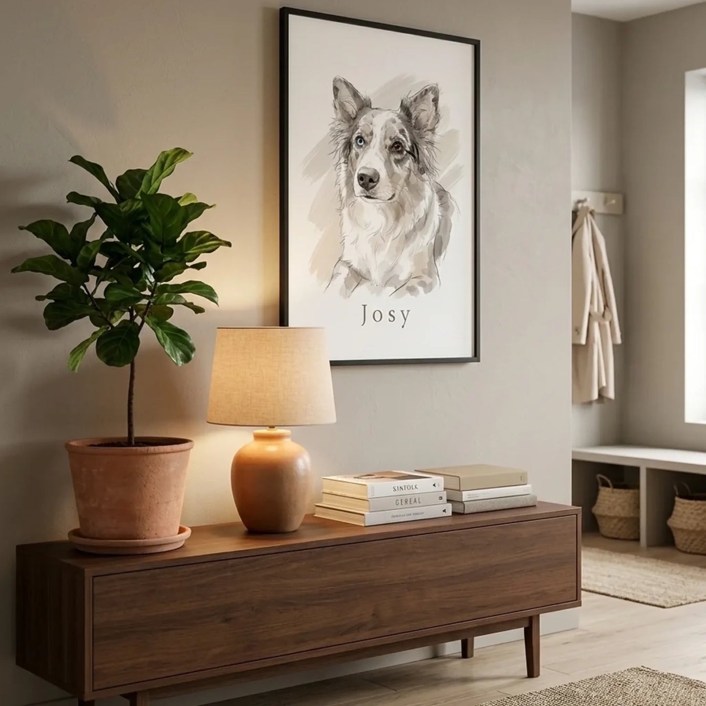 Personalisiertes Hundeposter im Flur über einer Kommode mit Tischlampe und Zimmerpflanze
