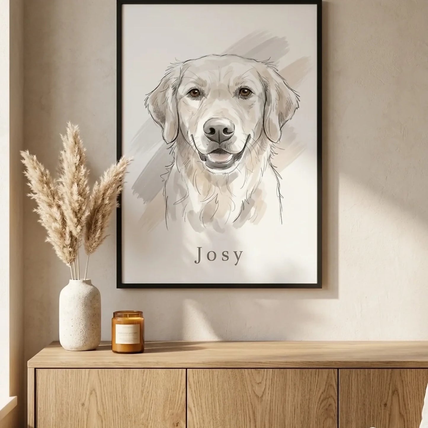 Tierportrait Aquarell als gerahmtes Poster über einem Sideboard mit Pampasgras
