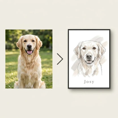 Foto eines Golden Retrievers und das daraus erstellte Aquarell-Poster im schwarzen Rahmen nebeneinander