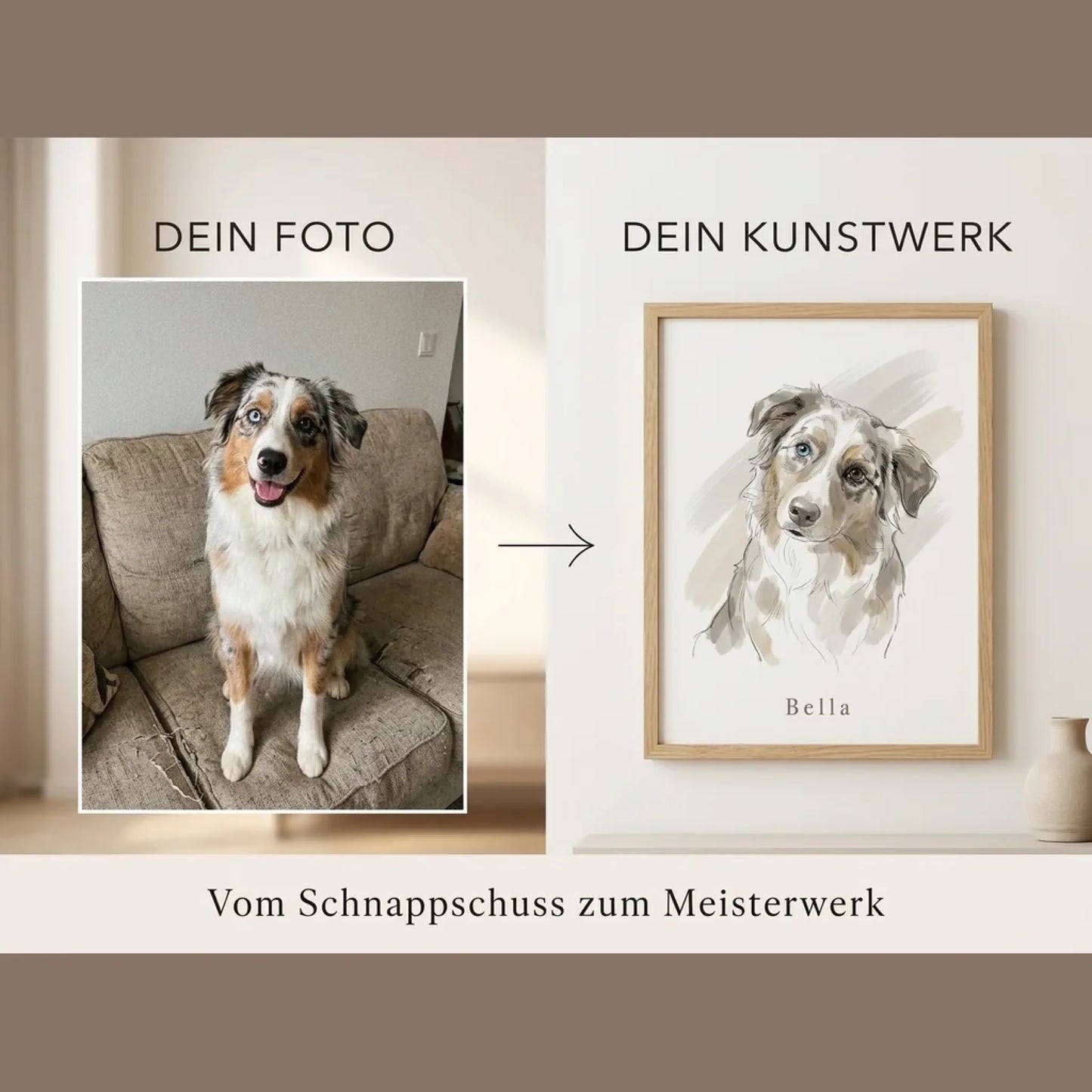 Vom Sofafoto des Australian Shepherd zum Aquarell-Portrait im hellen Holzrahmen