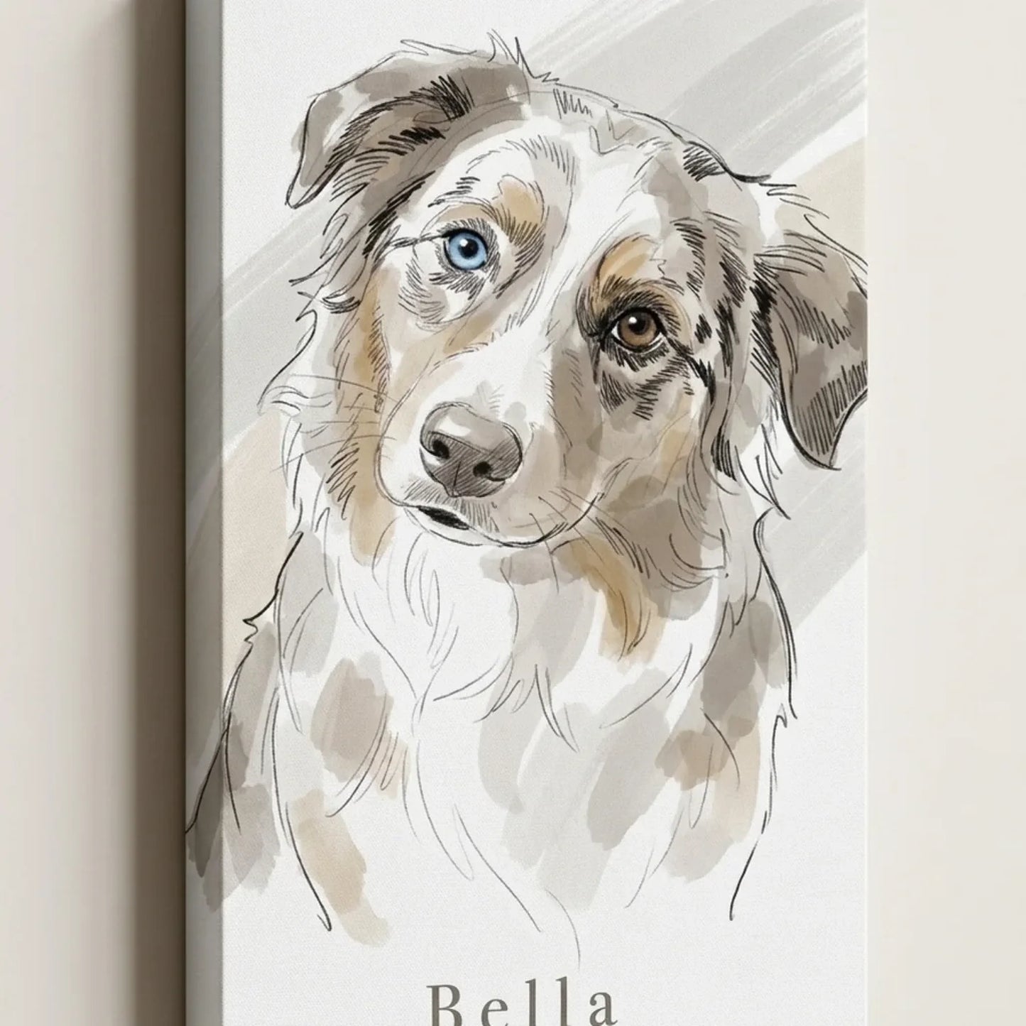 Tierportrait auf Leinwand, seitlich fotografiert, Australian Shepherd im Aquarell-Stil