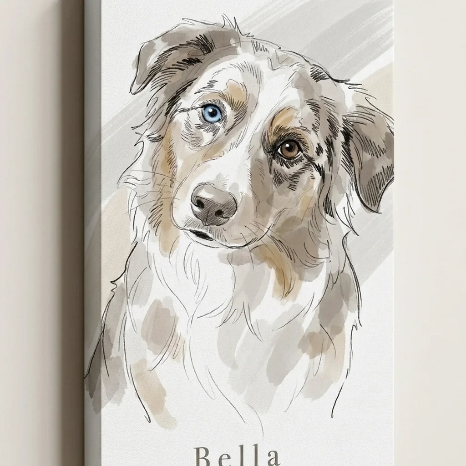 Tierportrait auf Leinwand, seitlich fotografiert, Australian Shepherd im Aquarell-Stil