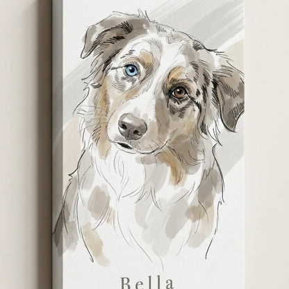 Tierportrait auf Leinwand, seitlich fotografiert, Australian Shepherd im Aquarell-Stil
