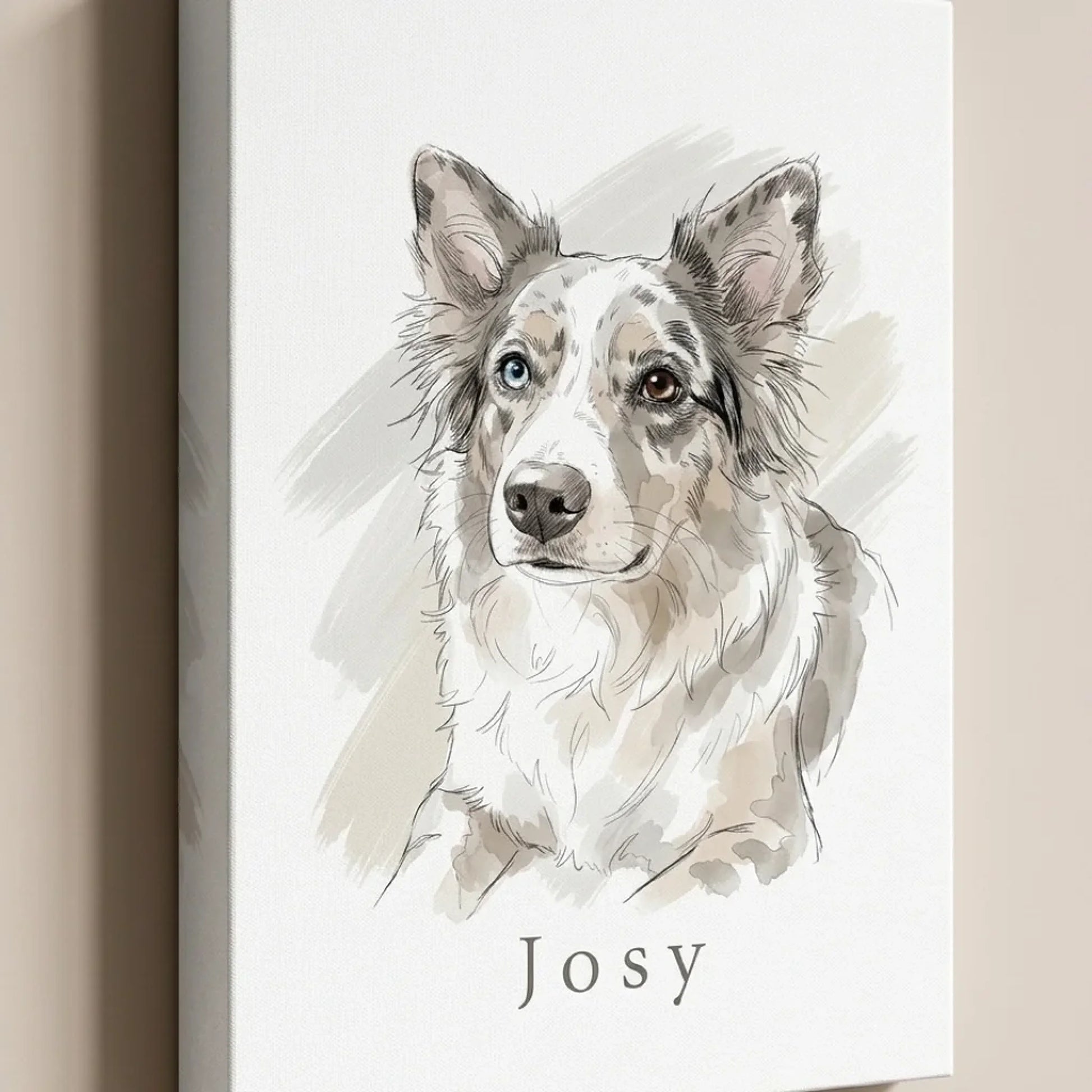 Leinwand mit Hundeportrait im Aquarell-Stil und aufgedrucktem Namen, schräg an der Wand