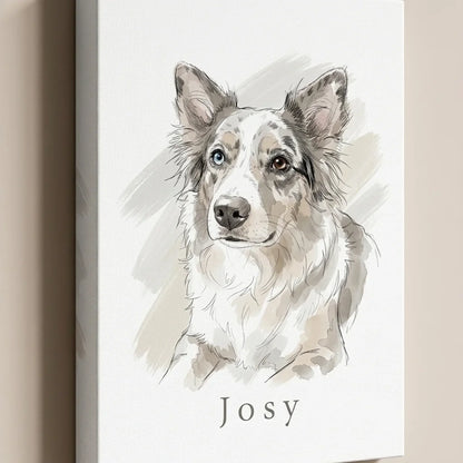 Leinwand mit Hundeportrait im Aquarell-Stil und aufgedrucktem Namen, schräg an der Wand
