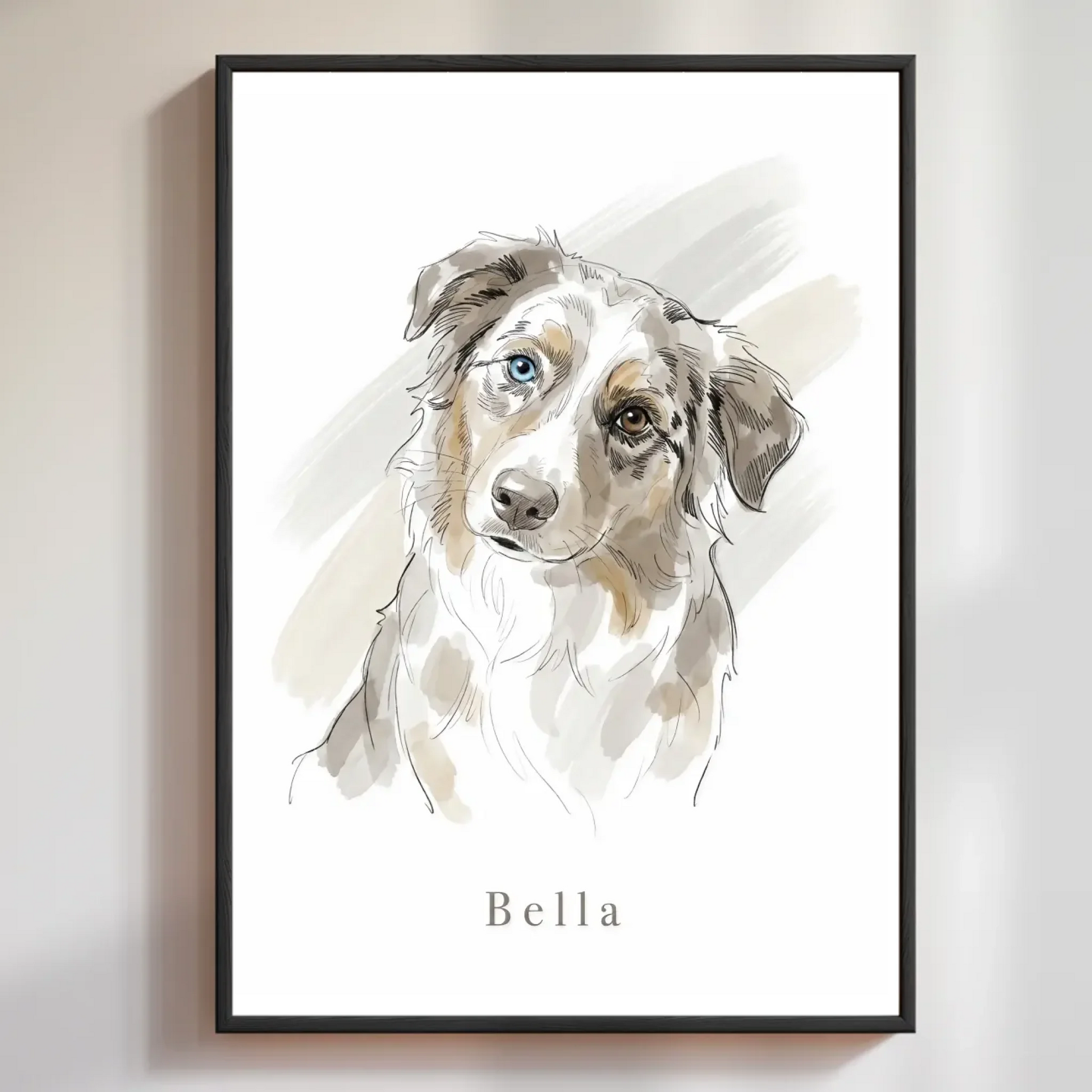 Personalisiertes Poster mit Hund im schmalen schwarzen Holzrahmen an weißer Wand