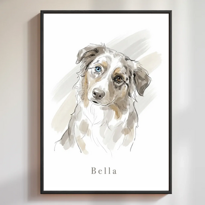 Personalisiertes Poster mit Hund im schmalen schwarzen Holzrahmen an weißer Wand