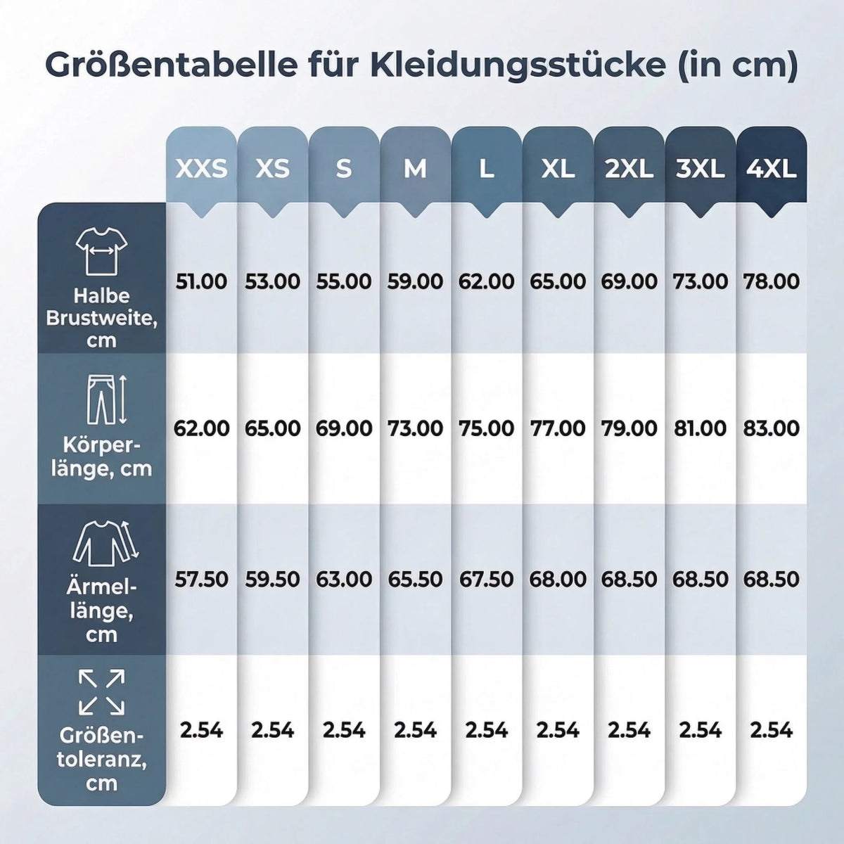 Größentabelle für den personalisierten Hoodie mit Hund in Zentimetern