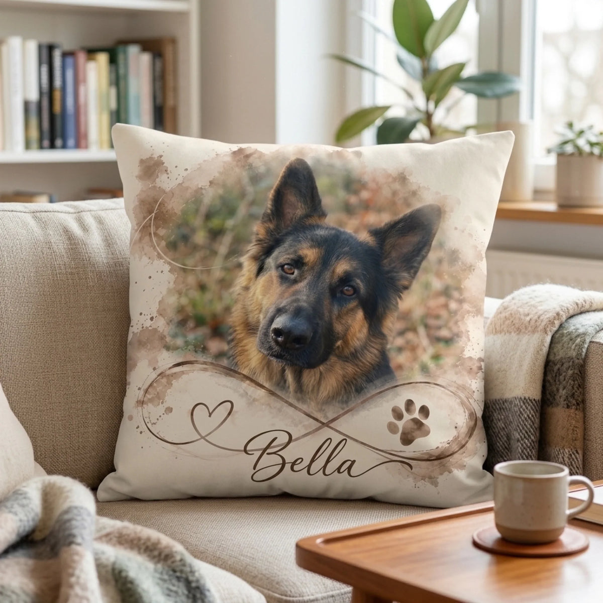 Personalisiertes Kissen mit Hundefoto eines Schäferhunds und aufgedrucktem Namen auf dem Sofa