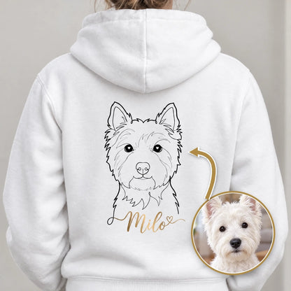 Personalisierter Hoodie mit Hund als Line-Art Rückendruck, Westie Milo aus Foto