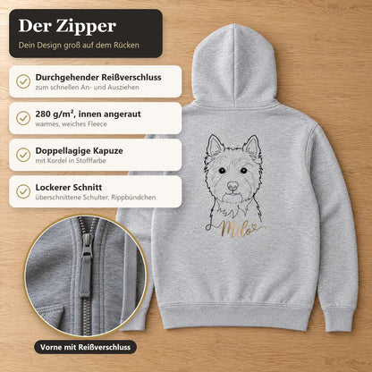 Zipper mit Hund als Line-Art auf dem Rücken, Reißverschluss und Stoffdetails