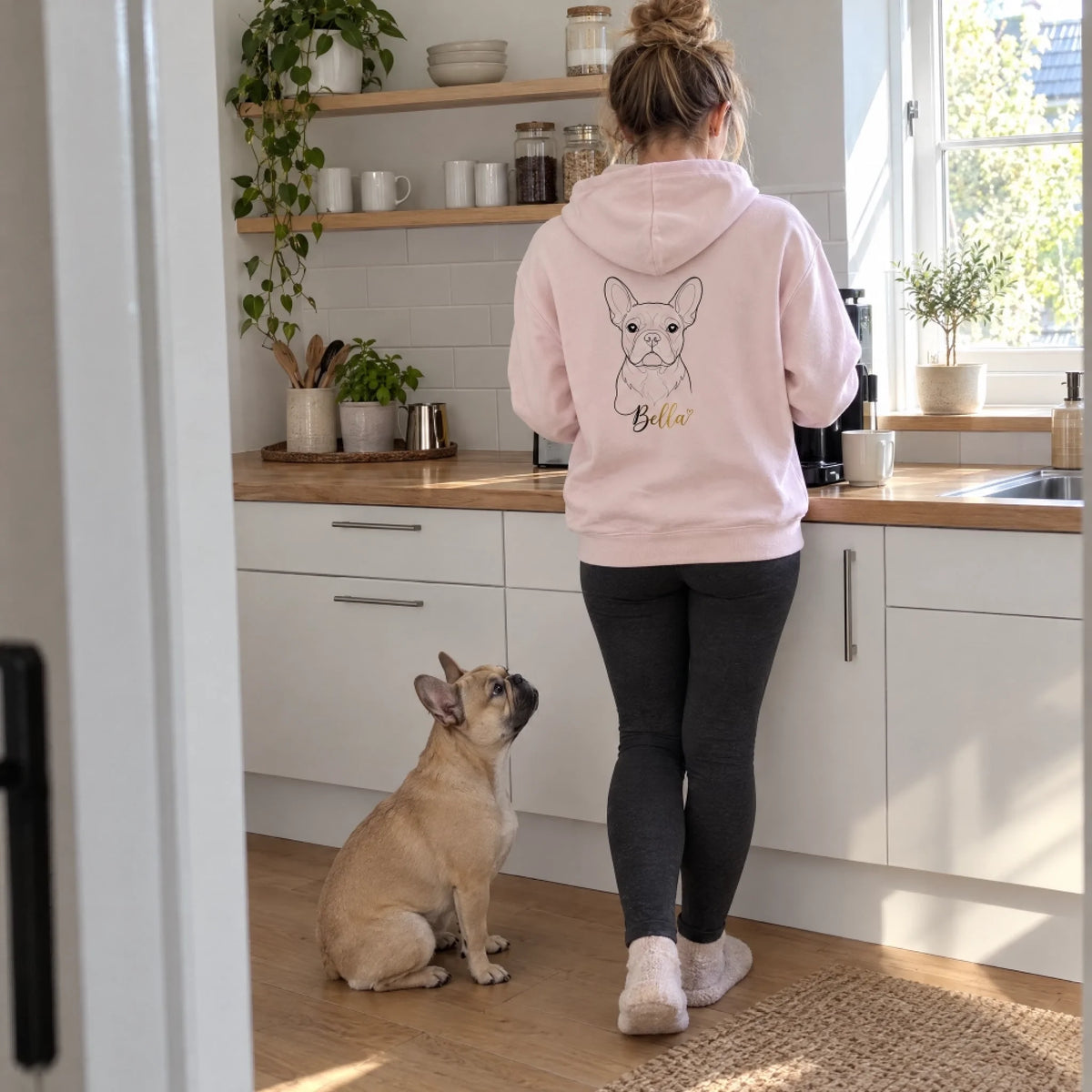 Frau im rosa Hoodie mit Line-Art ihrer Französischen Bulldogge Bella in der Küche